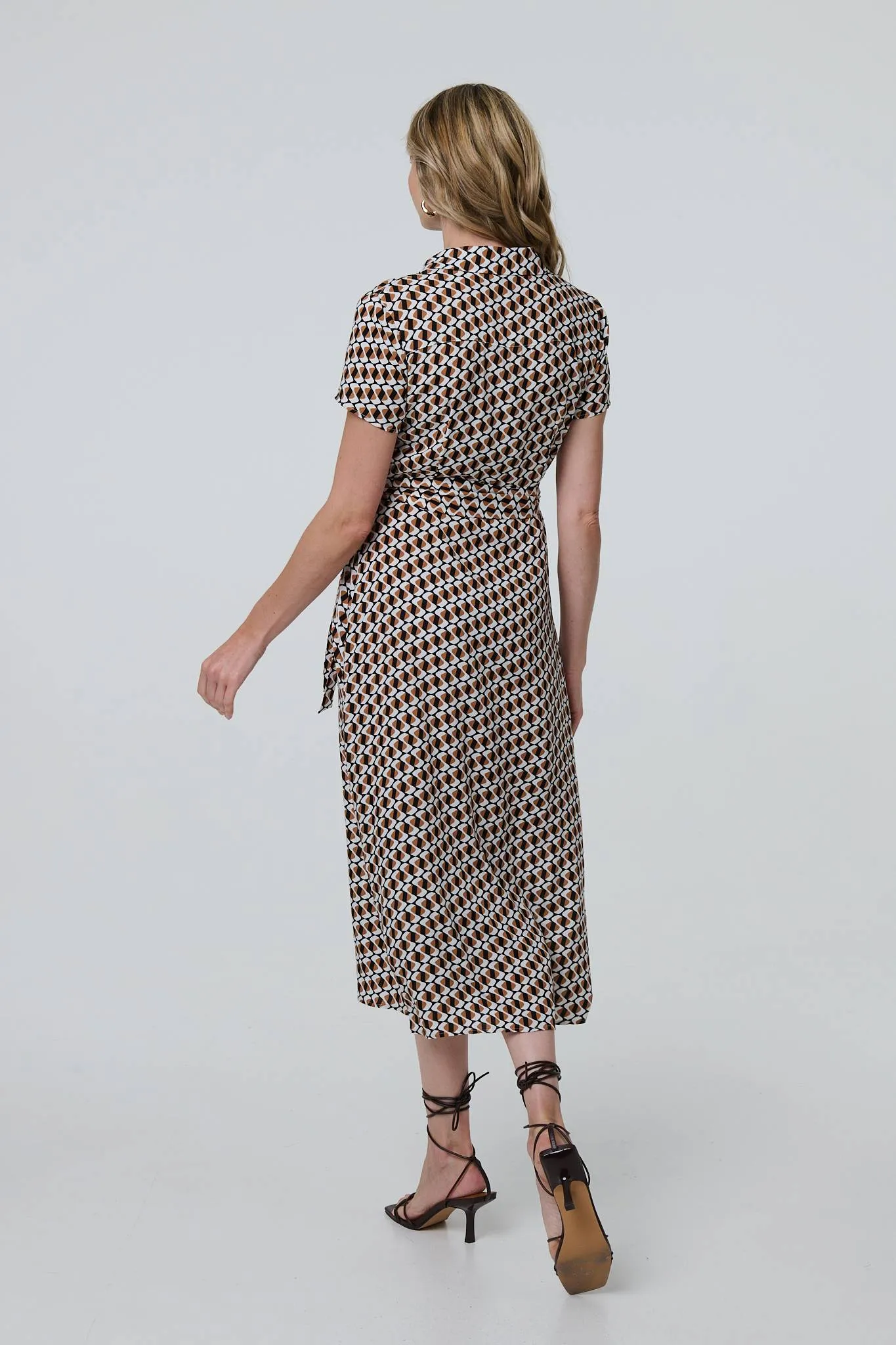 Geo Print Short Sleeve Tie Waist Midi Dress