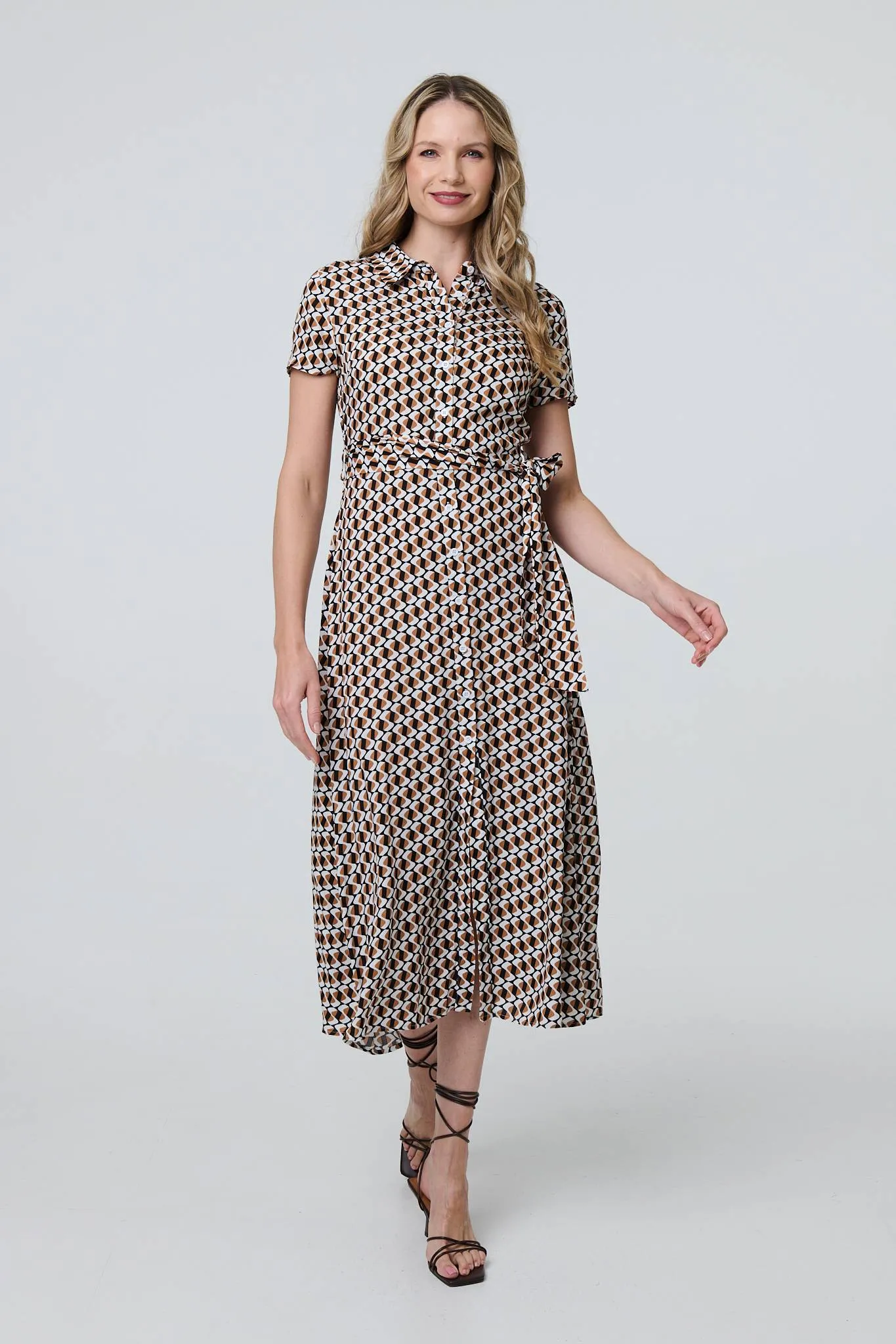 Geo Print Short Sleeve Tie Waist Midi Dress