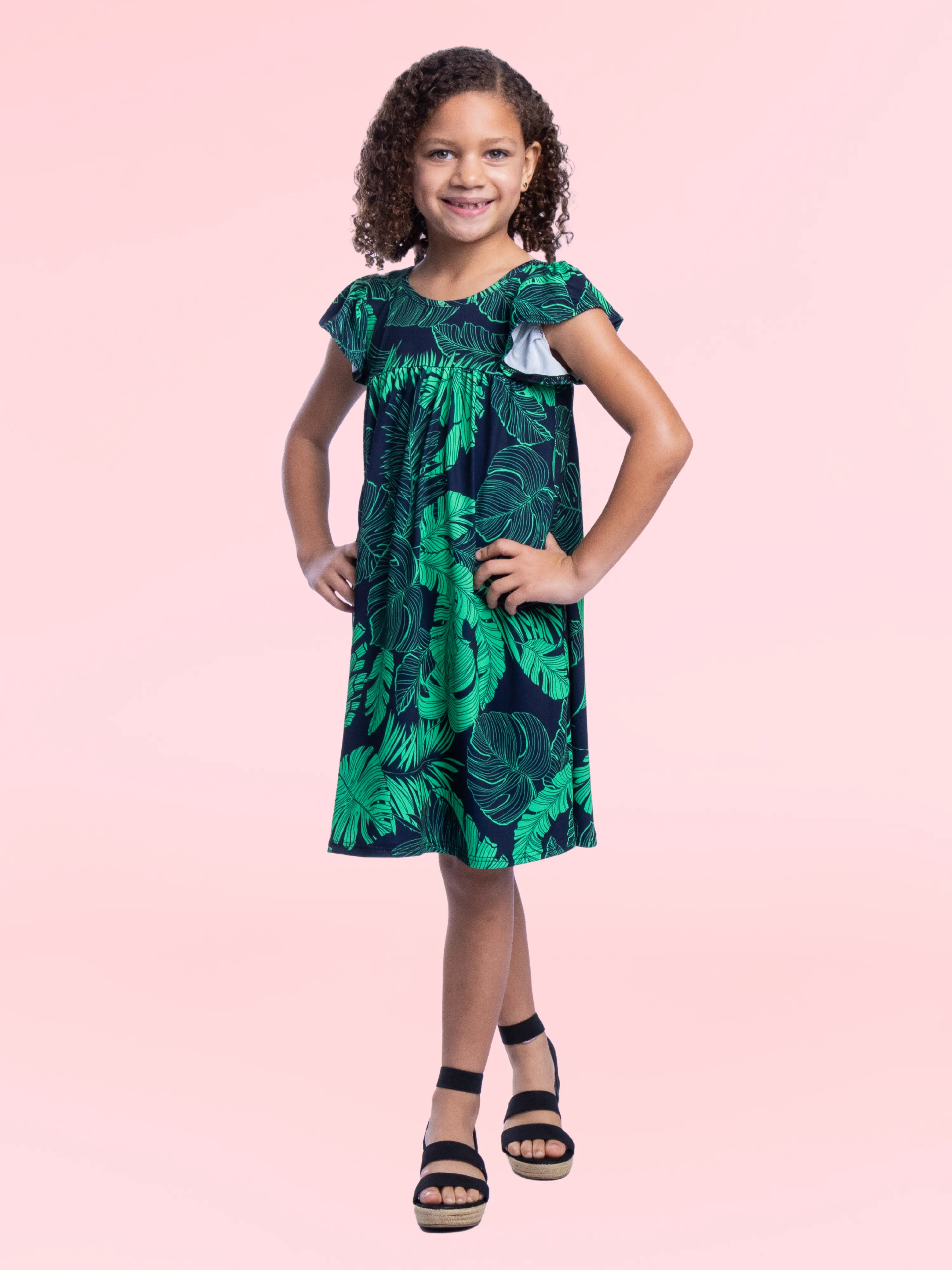 Girls Green Leaf Print Babydoll Knee Length Dress