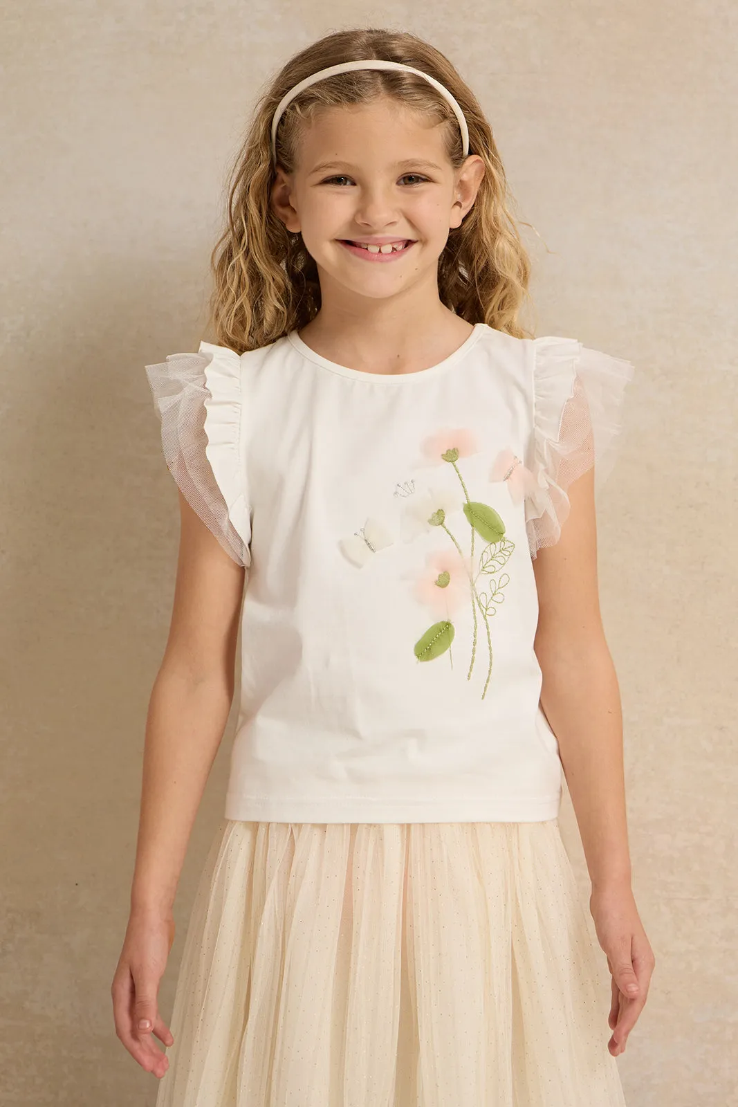 Girls White And Gold Tee With Lace Skirt (2 Piece)