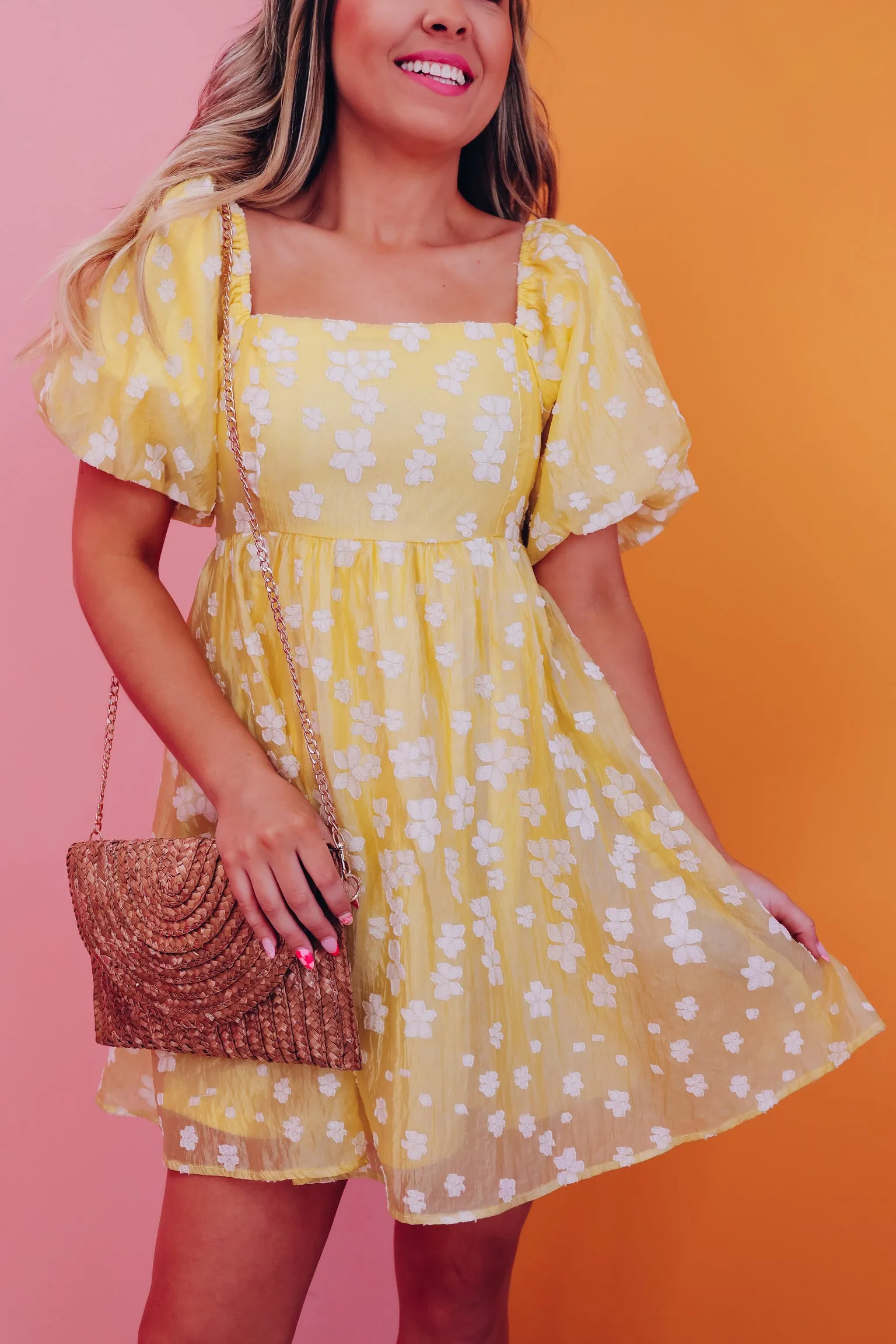 Grace Floral Embossed Puff Sleeve Dress - Yellow