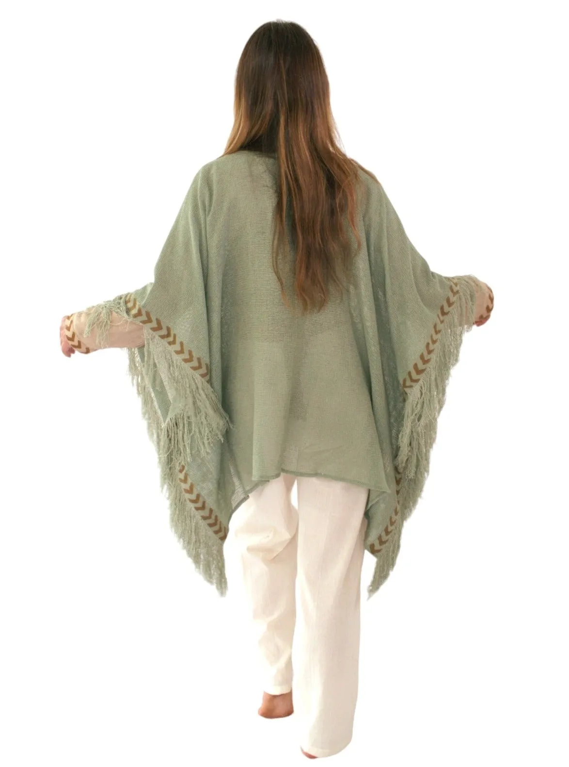 Green Sage Mesh Open Poncho with Fringe