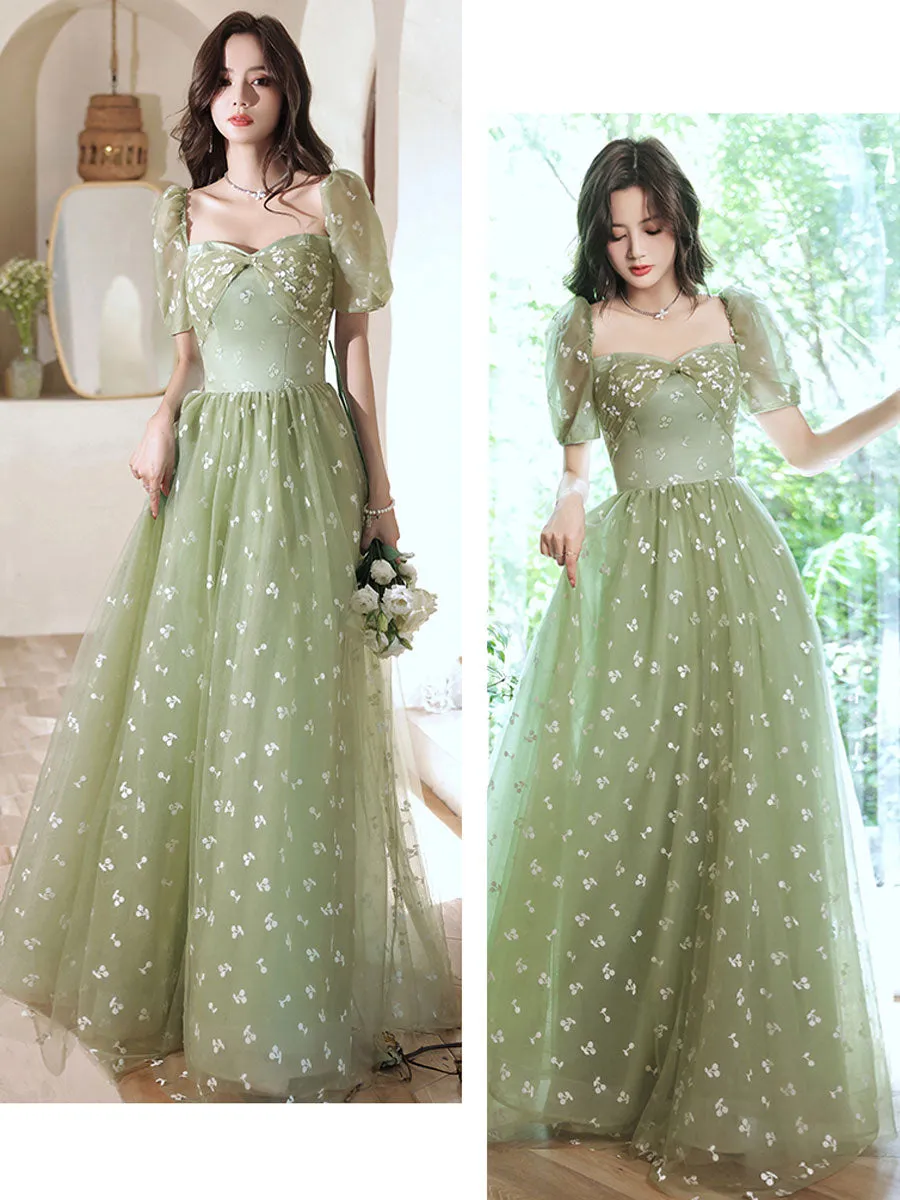 Green Tulle Long Prom Dress, Green A line Formal Graduation Dresses