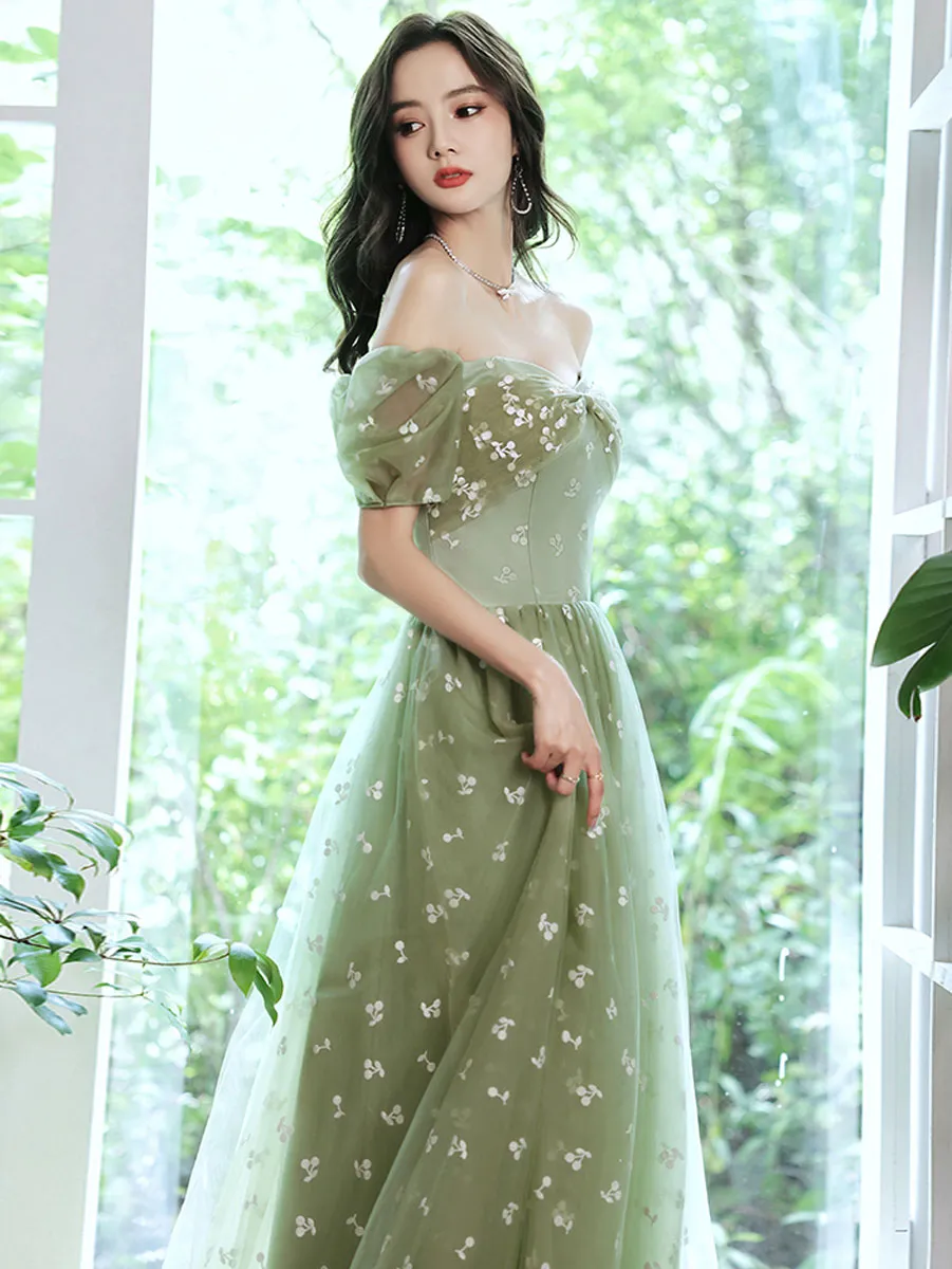 Green Tulle Long Prom Dress, Green A line Formal Graduation Dresses