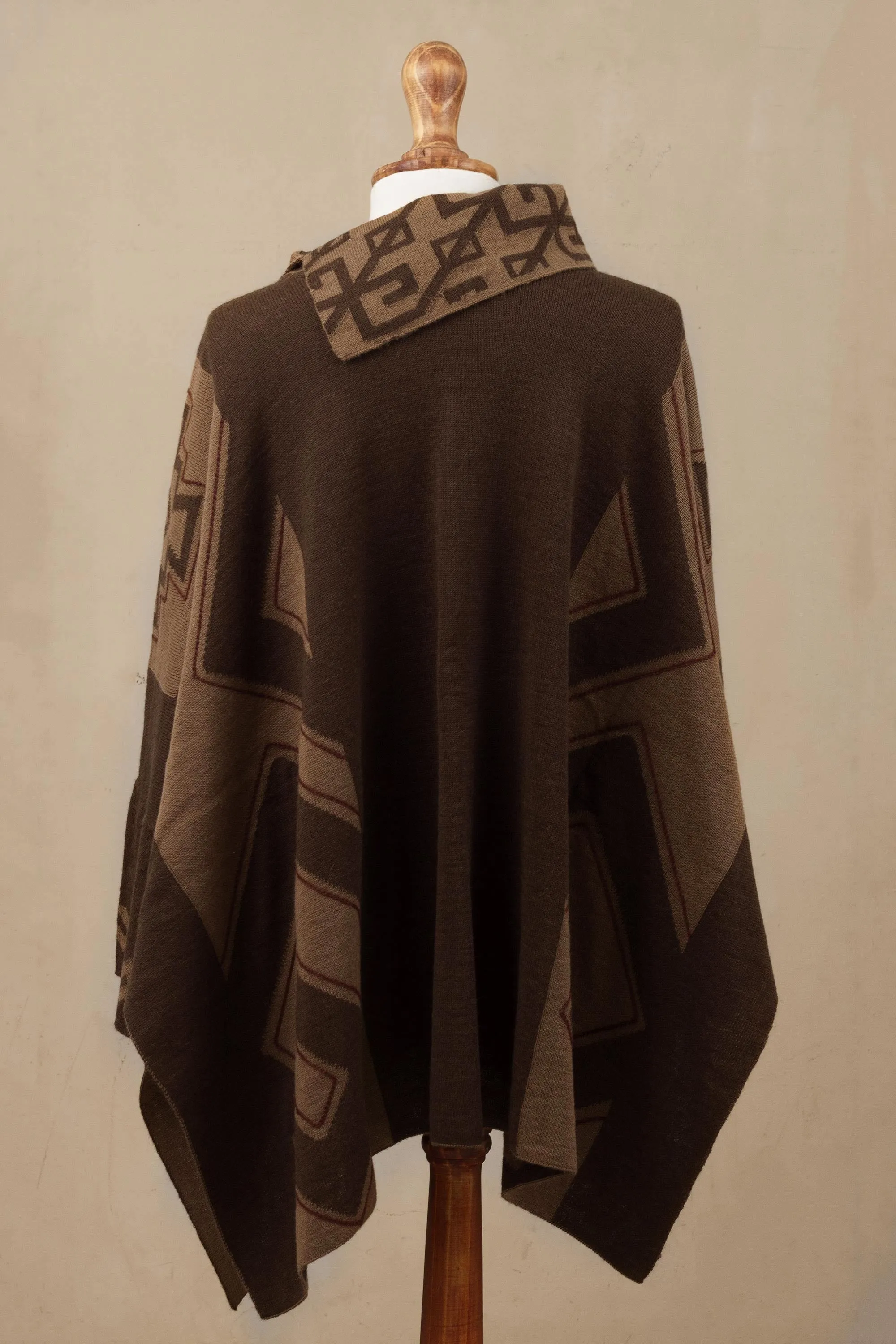 Inca Style Mahogany and Burnt Sienna Alpaca Blend Poncho from Peru