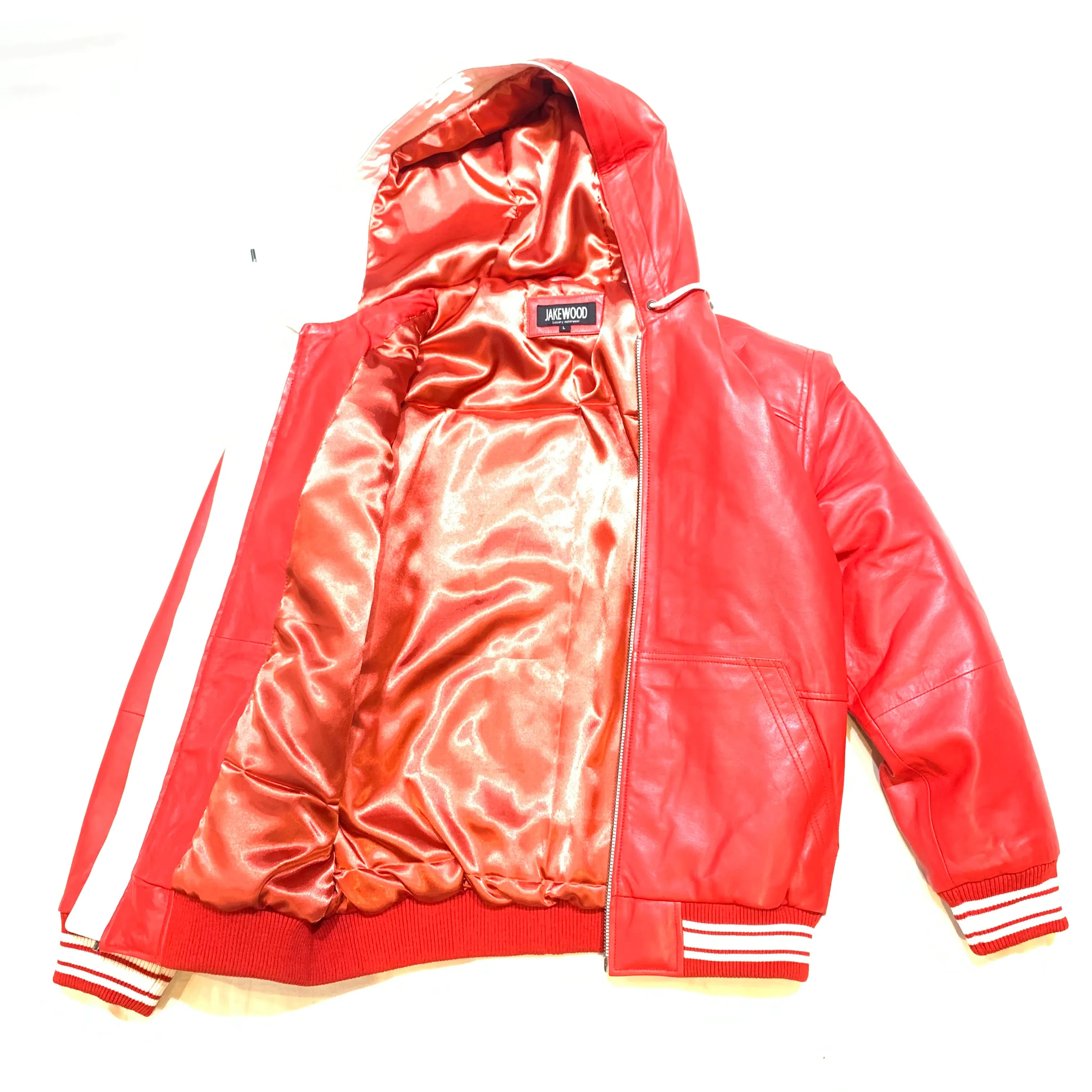 Jakewood Red Lambskin Hooded Bomber Jacket