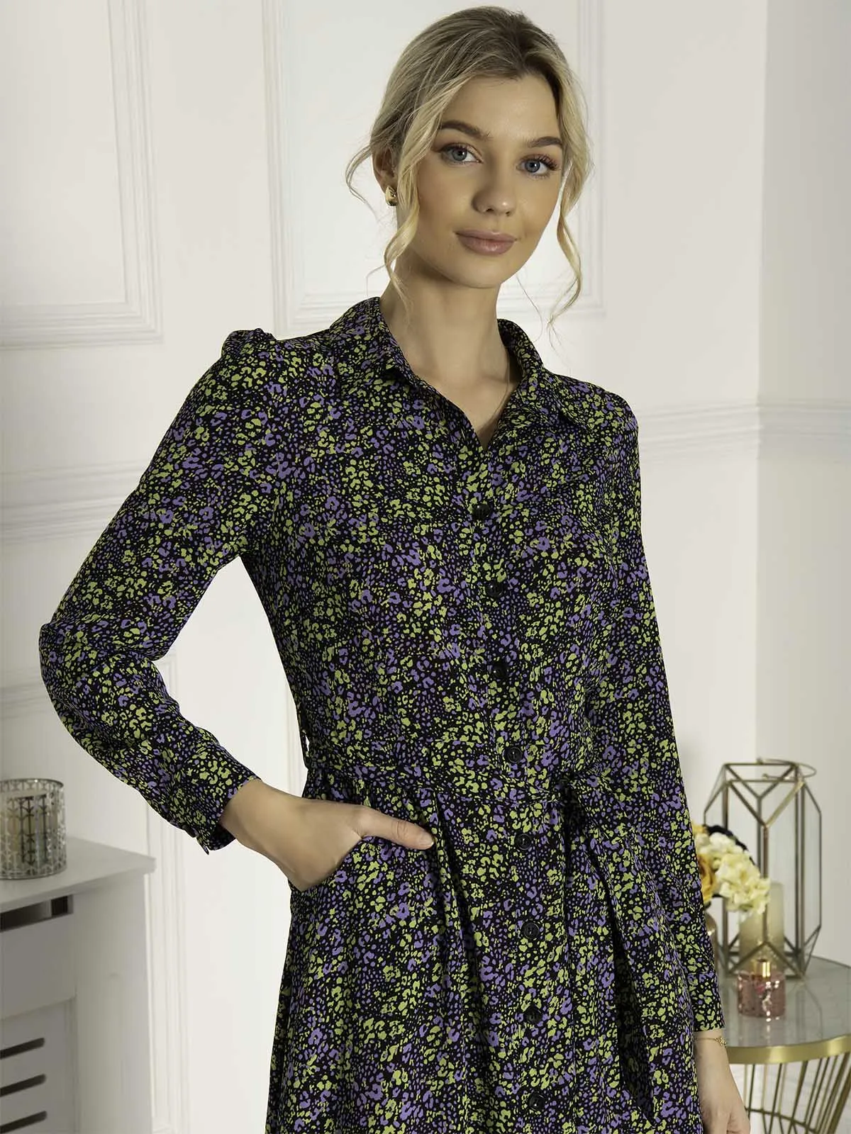 Jolie Moi Qiya Shirt Midi Dress, Purple Animal