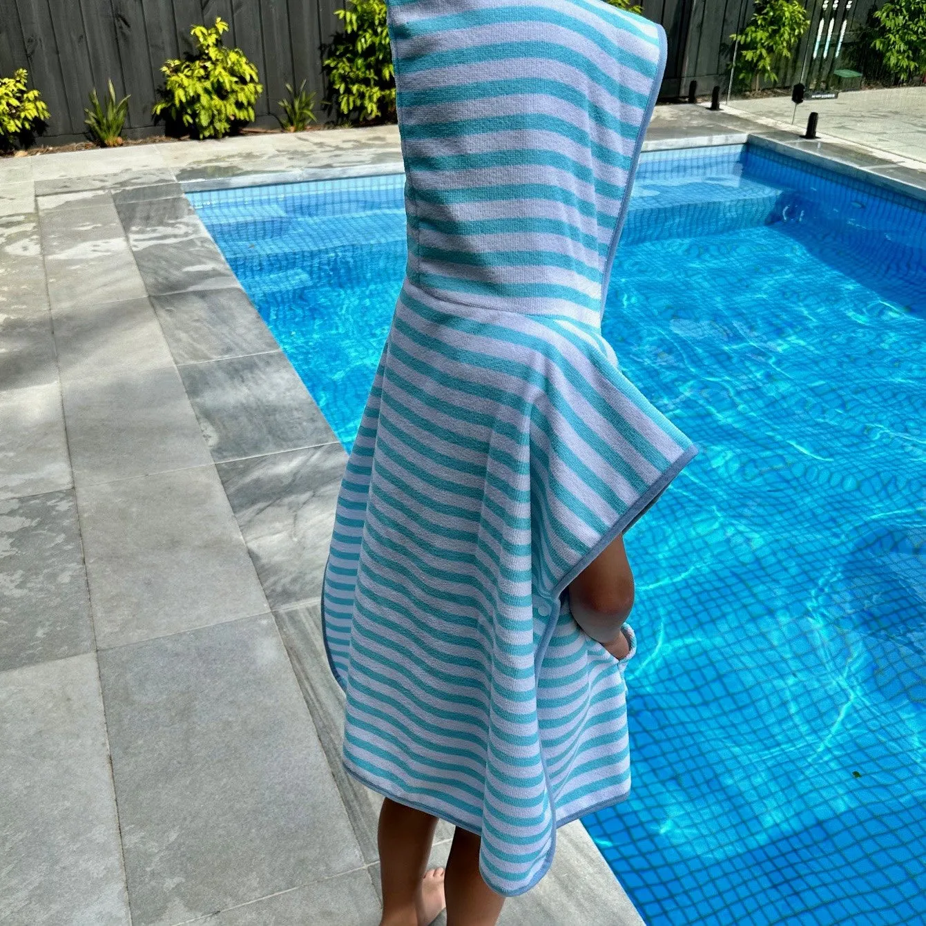 Kids Hooded Poncho Towel - Aqua Stripe