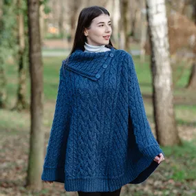 Ladies Cowl Neck Button Poncho - Indigo