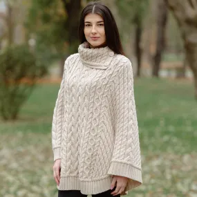 Ladies Cowl Neck Button Poncho - Natural