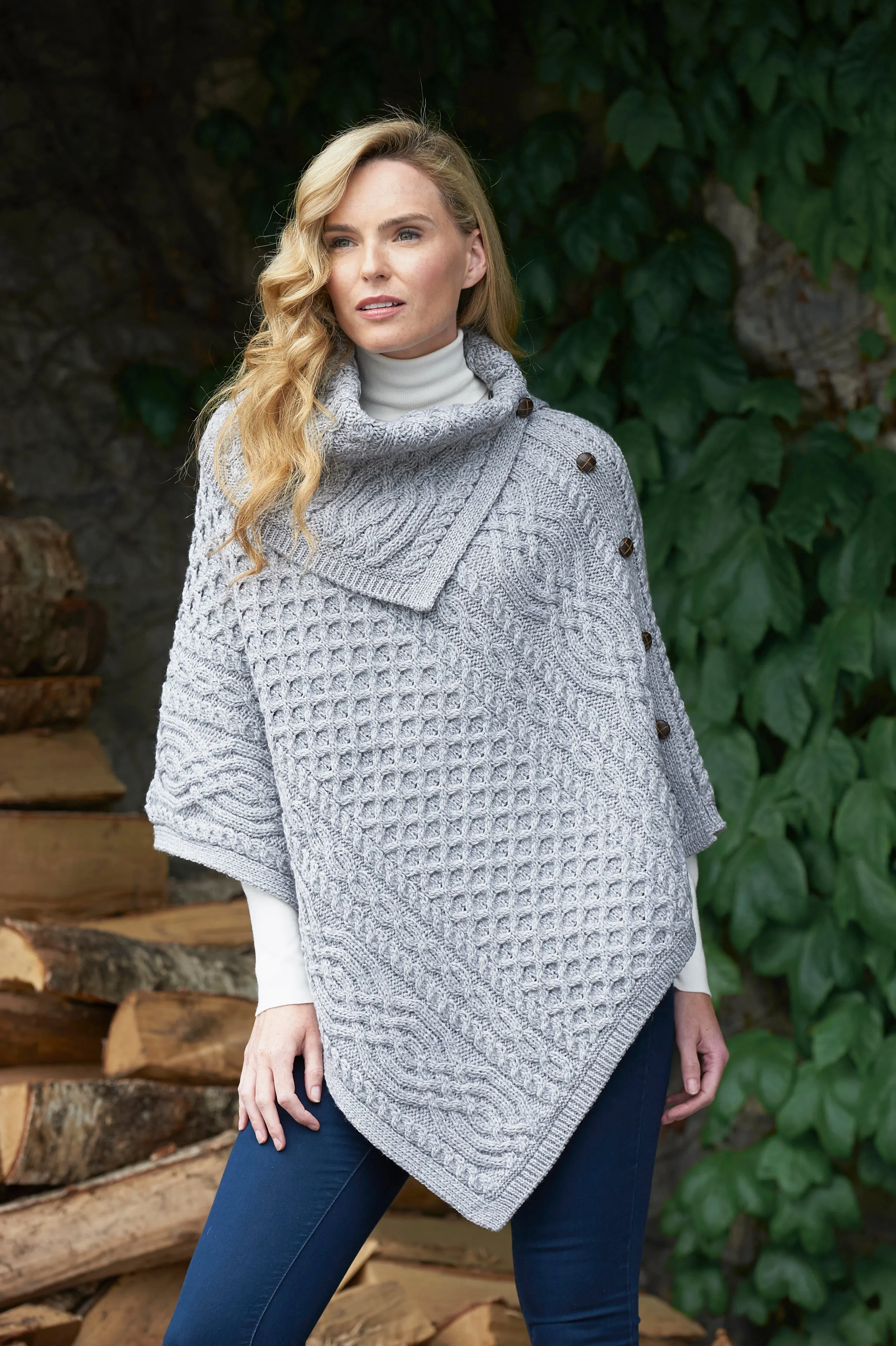 LADIES MERINO ARAN COWL NECK CAPE WITH SIDE BUTTONS