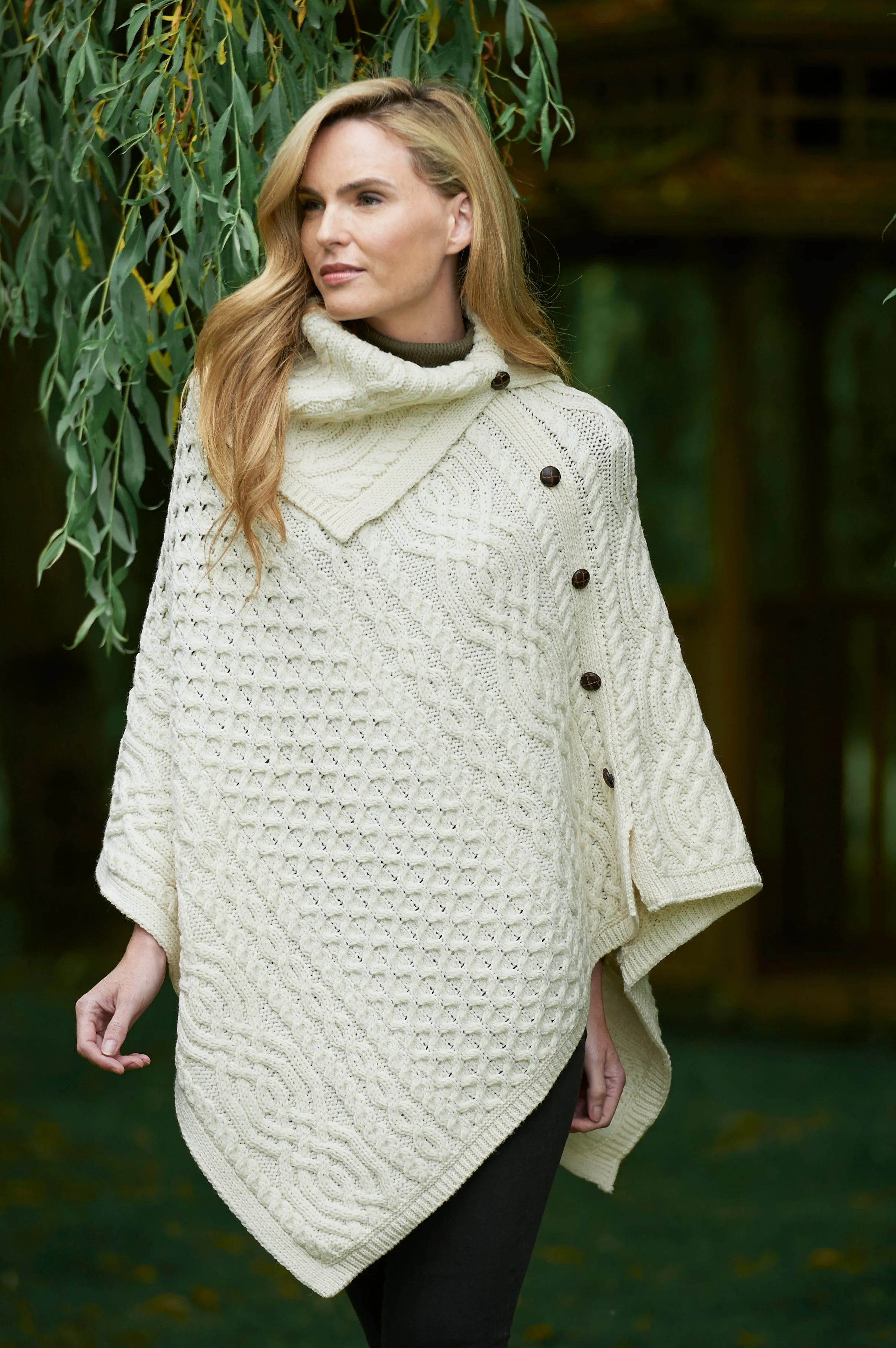 LADIES MERINO ARAN COWL NECK CAPE WITH SIDE BUTTONS