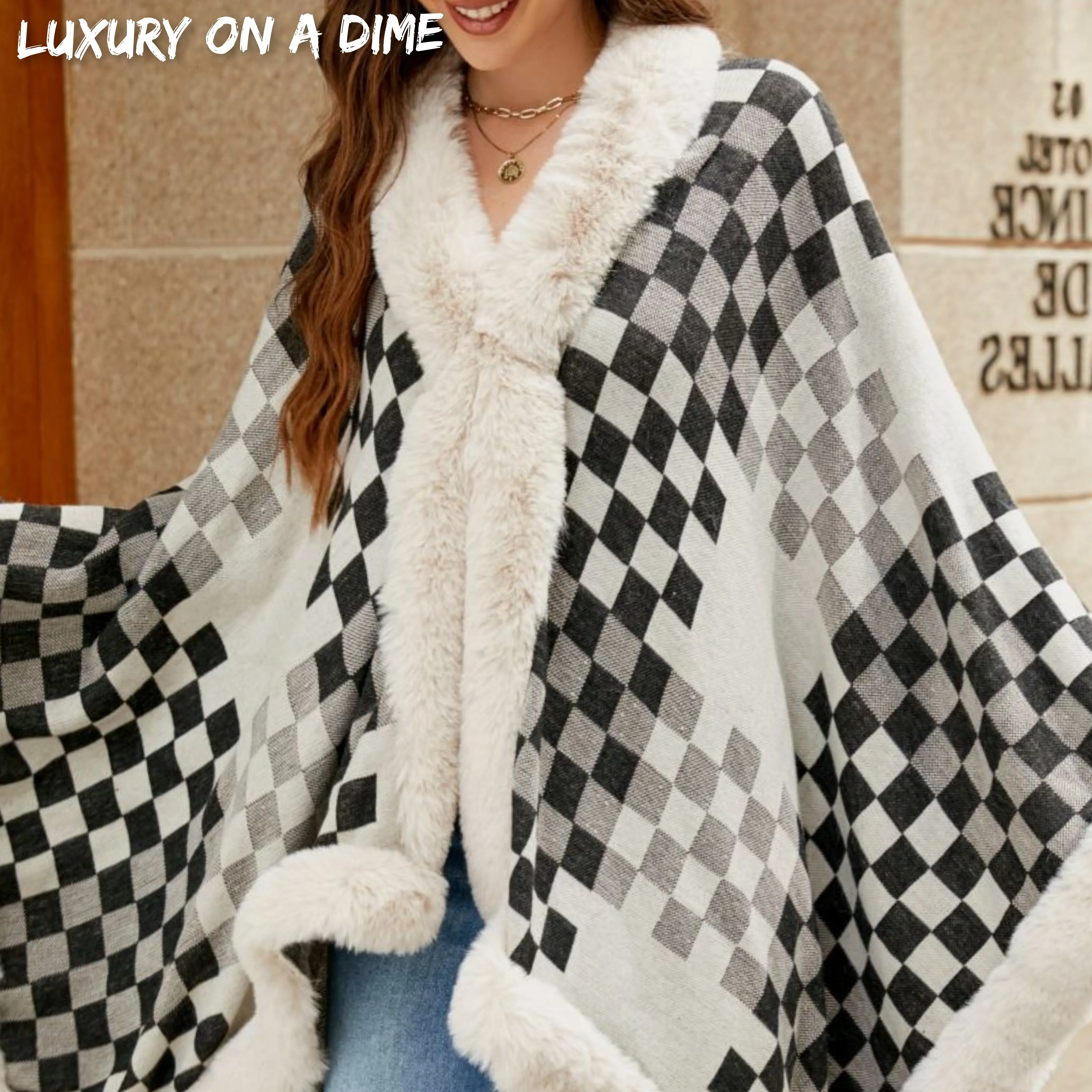 Large Plush Faux Fur Heavy Checker Pullover Oversized Sweater Jacket Poncho