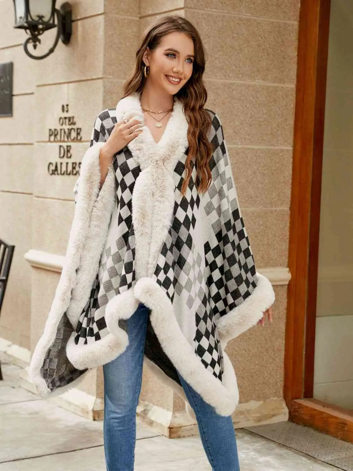 Large Plush Faux Fur Heavy Checker Pullover Oversized Sweater Jacket Poncho