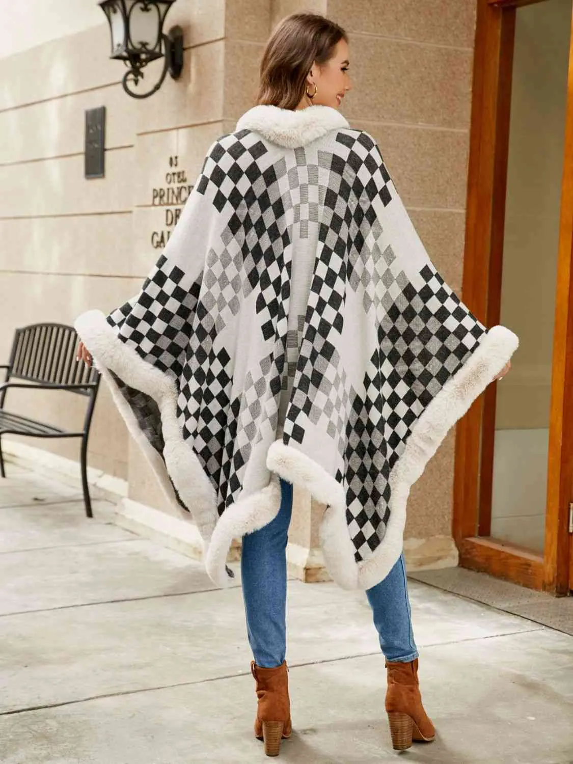 Large Plush Faux Fur Heavy Checker Pullover Oversized Sweater Jacket Poncho