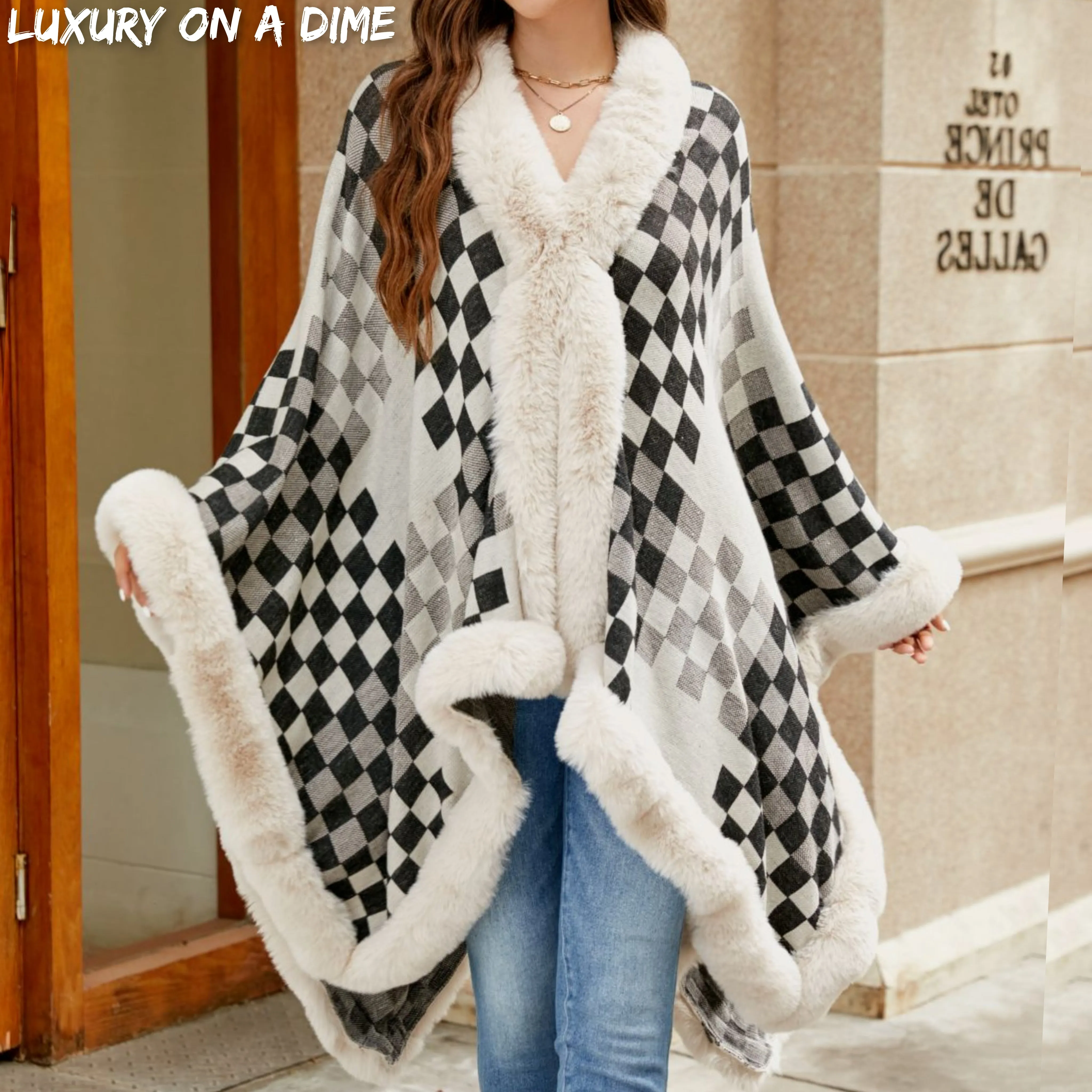 Large Plush Faux Fur Heavy Checker Pullover Oversized Sweater Jacket Poncho