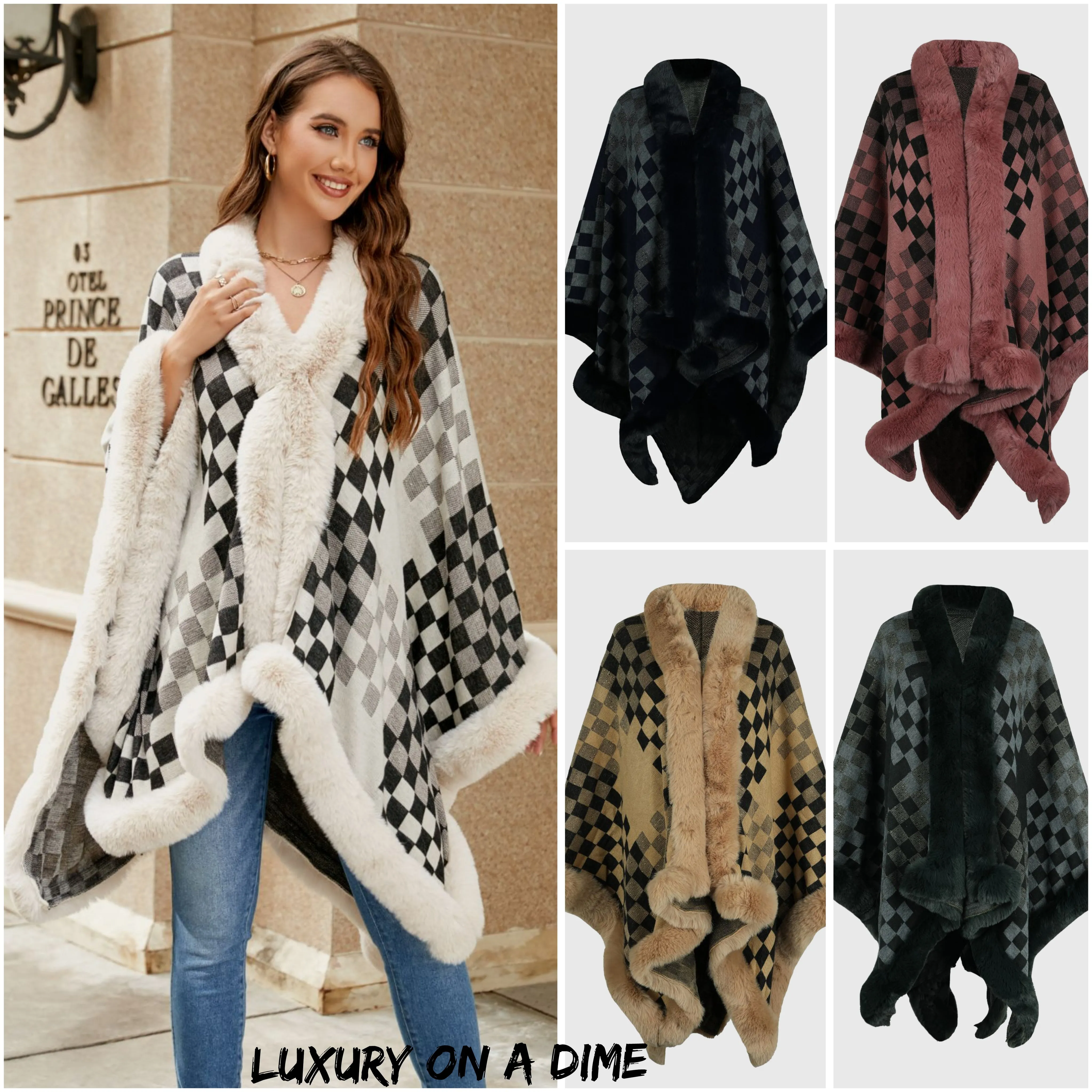 Large Plush Faux Fur Heavy Checker Pullover Oversized Sweater Jacket Poncho