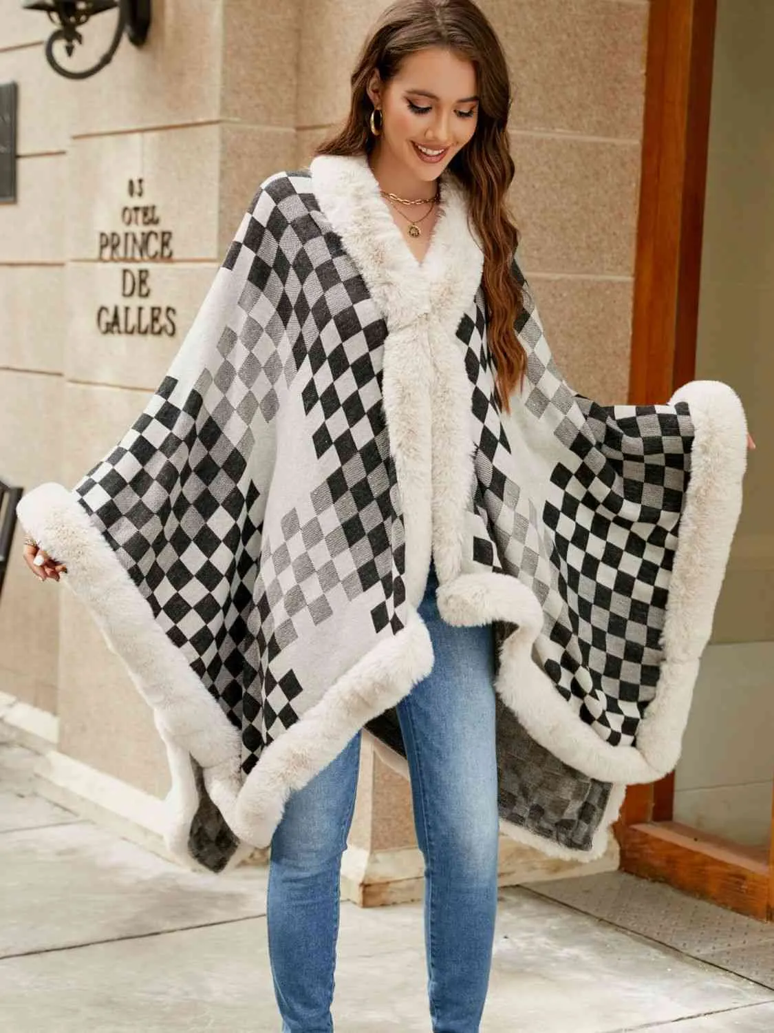 Large Plush Faux Fur Heavy Checker Pullover Oversized Sweater Jacket Poncho