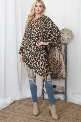 LEOPARD PRINT TASSEL PONCHO-BROWN