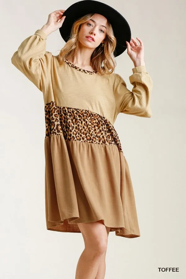 Leopard Tiered Babydoll Dress, Toffee