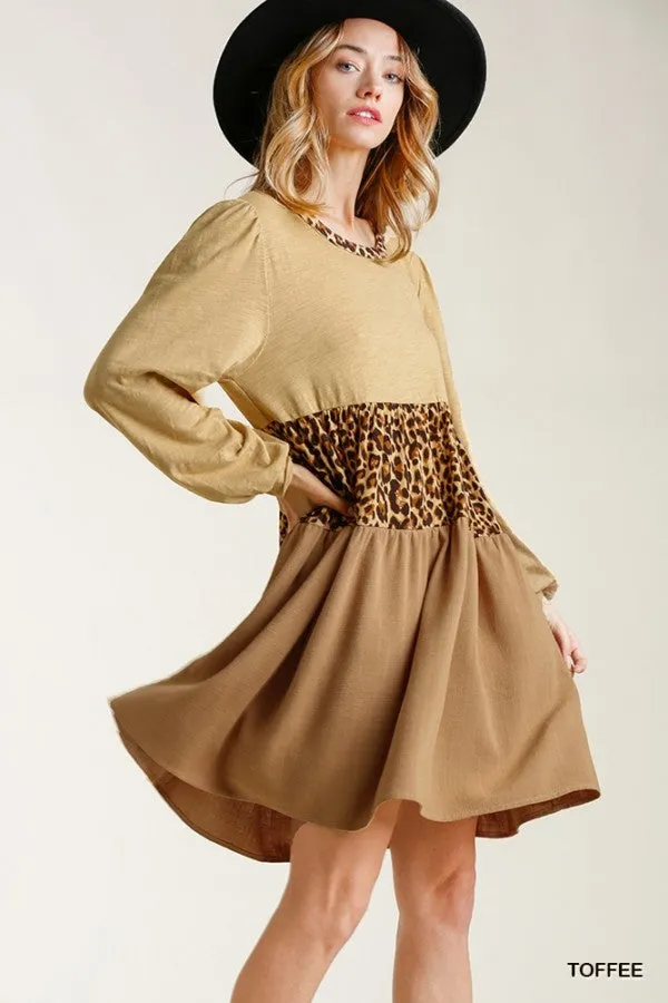 Leopard Tiered Babydoll Dress, Toffee