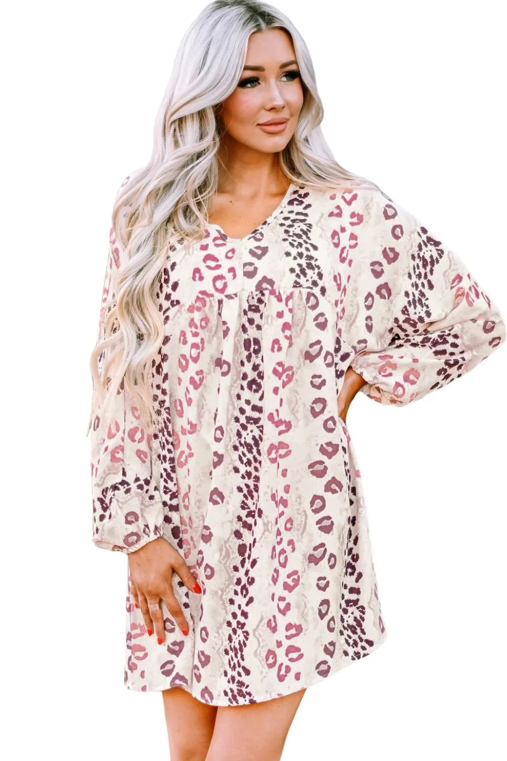 Leopard V-Neck Balloon Sleeve Babydoll Dress