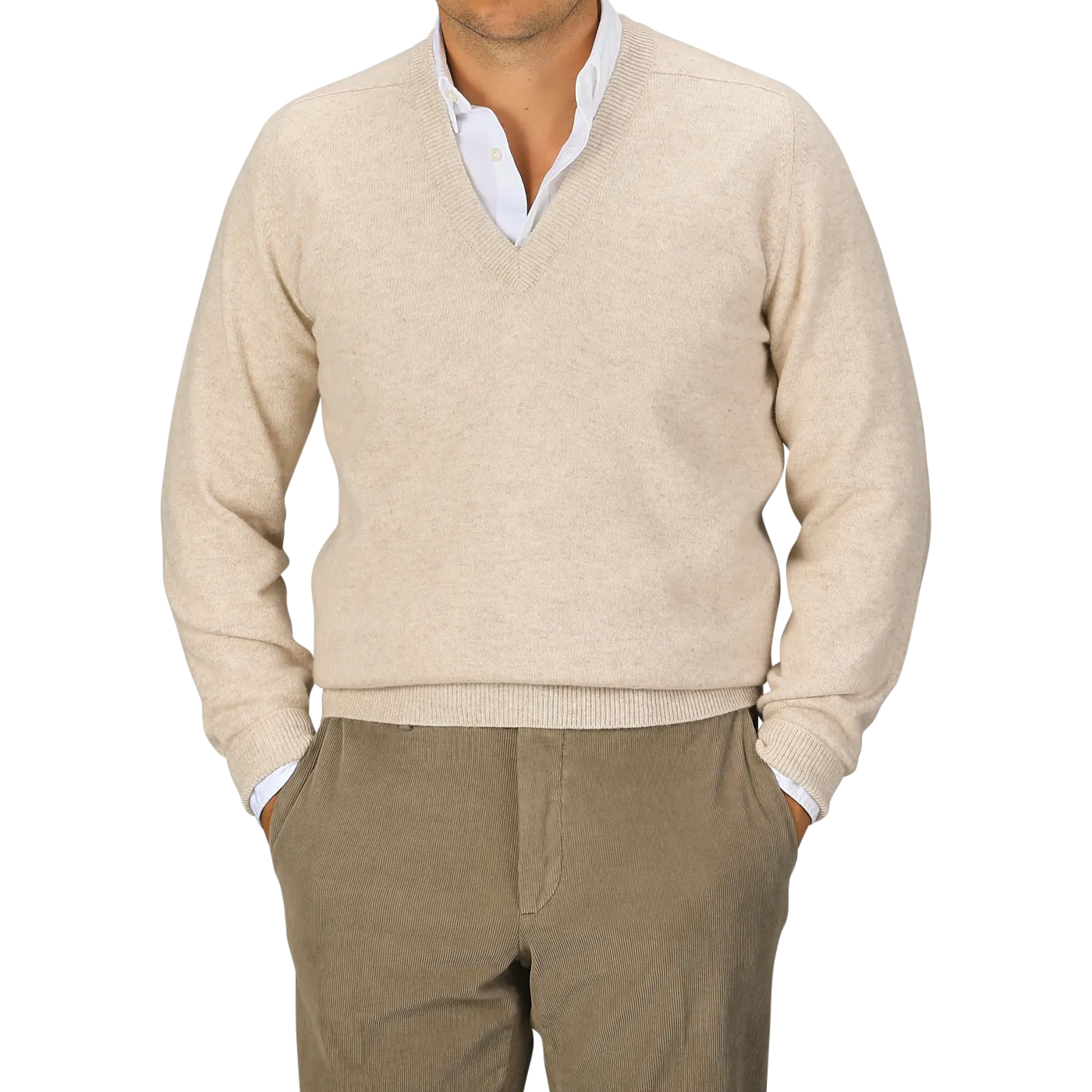 Linen Beige Deep V-Neck Lambswool Sweater