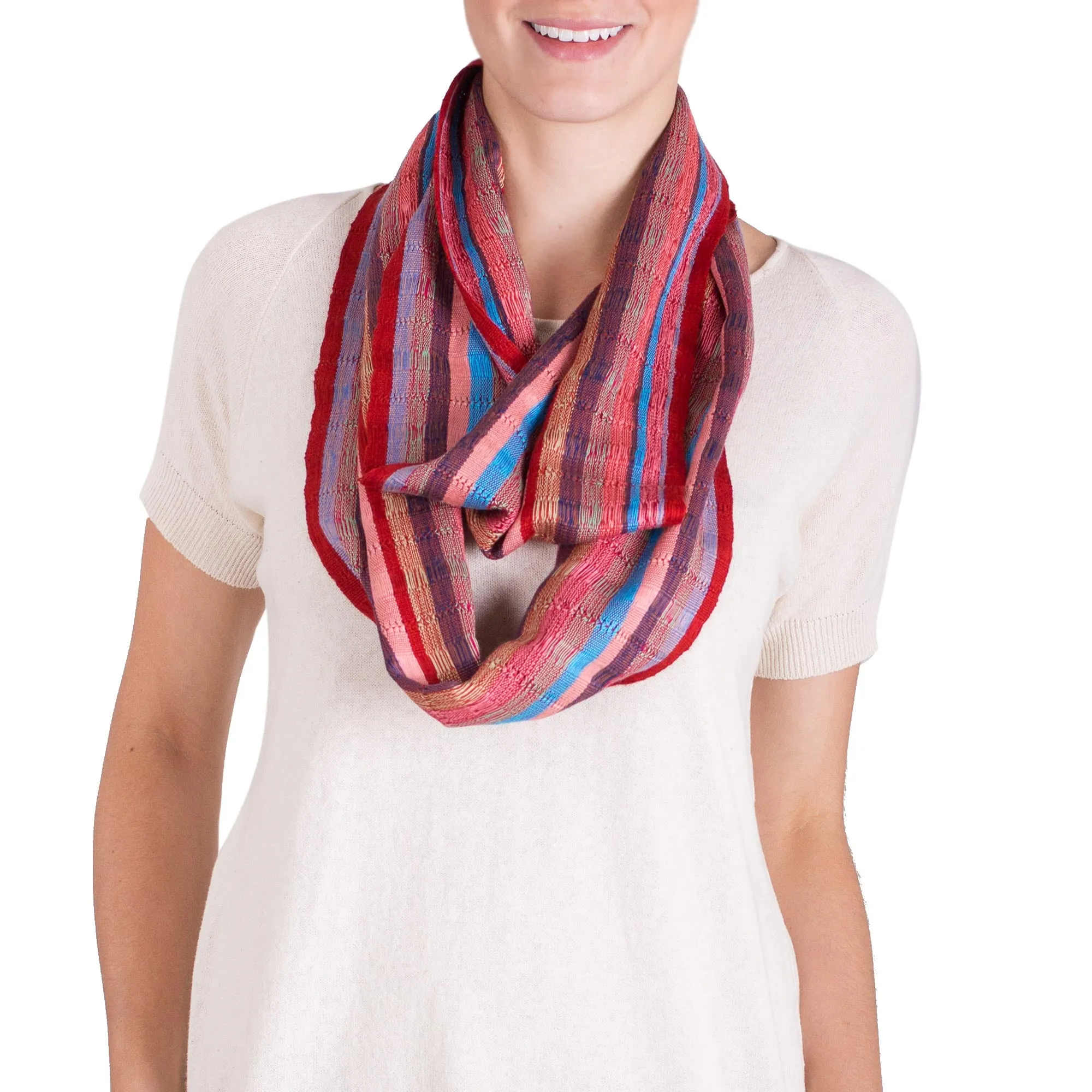 Loom Woven Striped Rayon Infinity Scarf from Guatemala - Tenderness | NOVICA