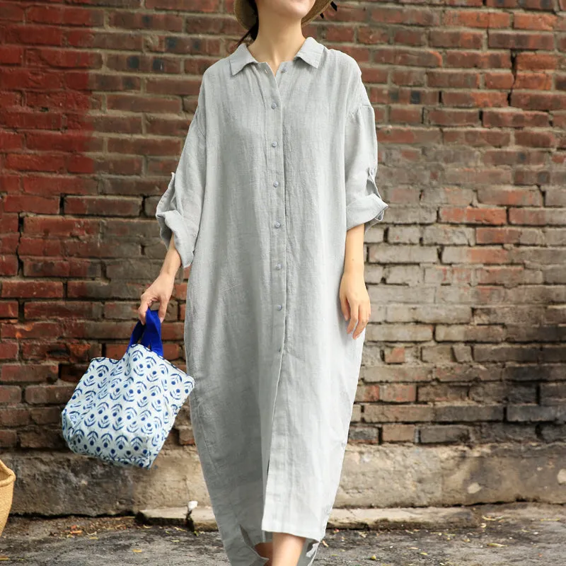 Loose Skirt Dress Midi  Casual Dress Women Linen Gray Dresses Z972927