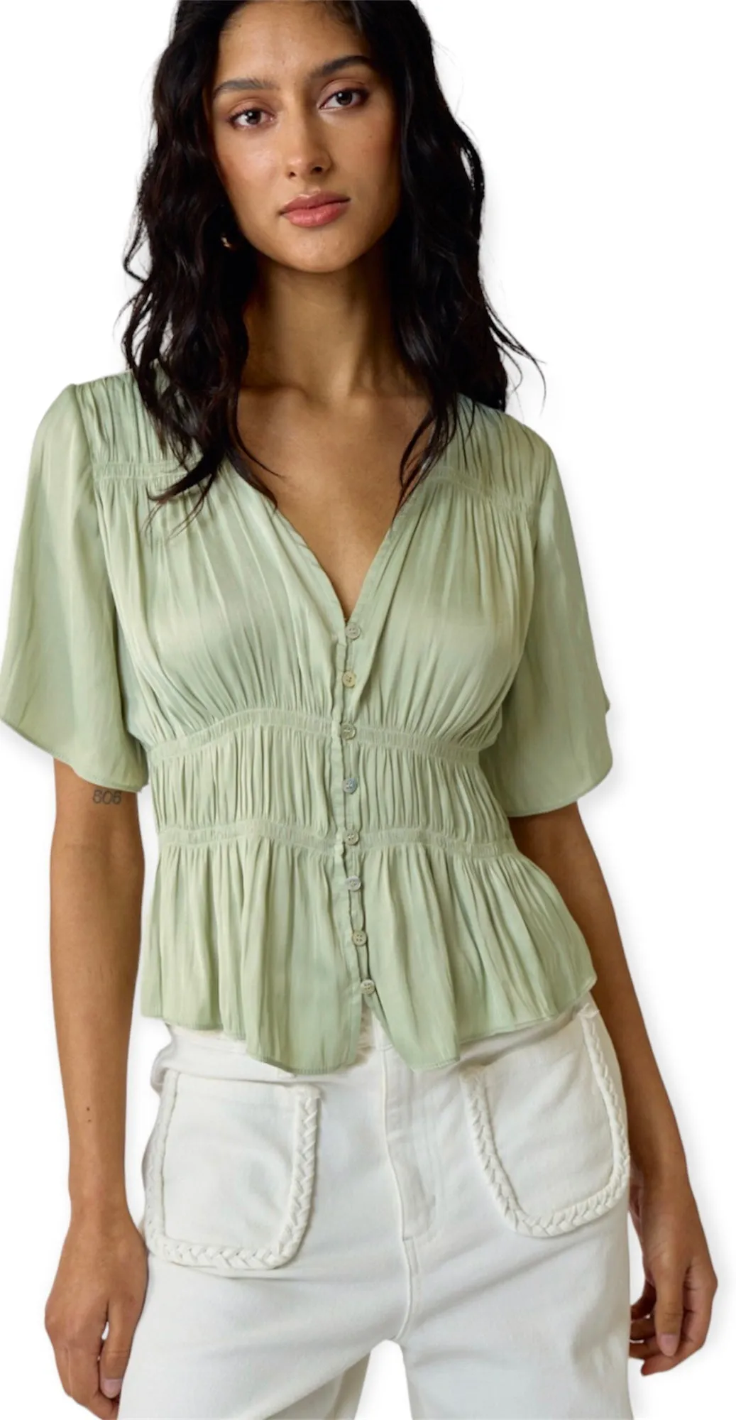 Lyra Sage Satin Button-Down Blouse