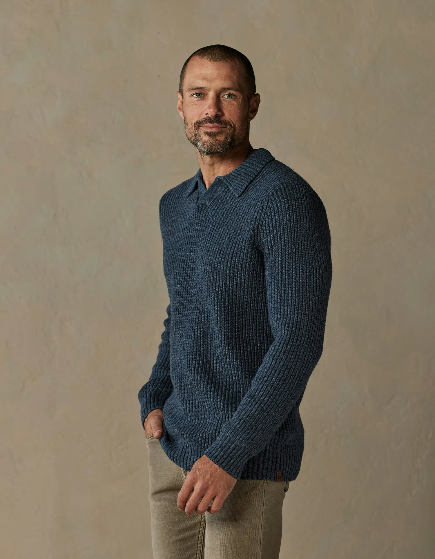 Marled Polo Sweater in Steel Blue