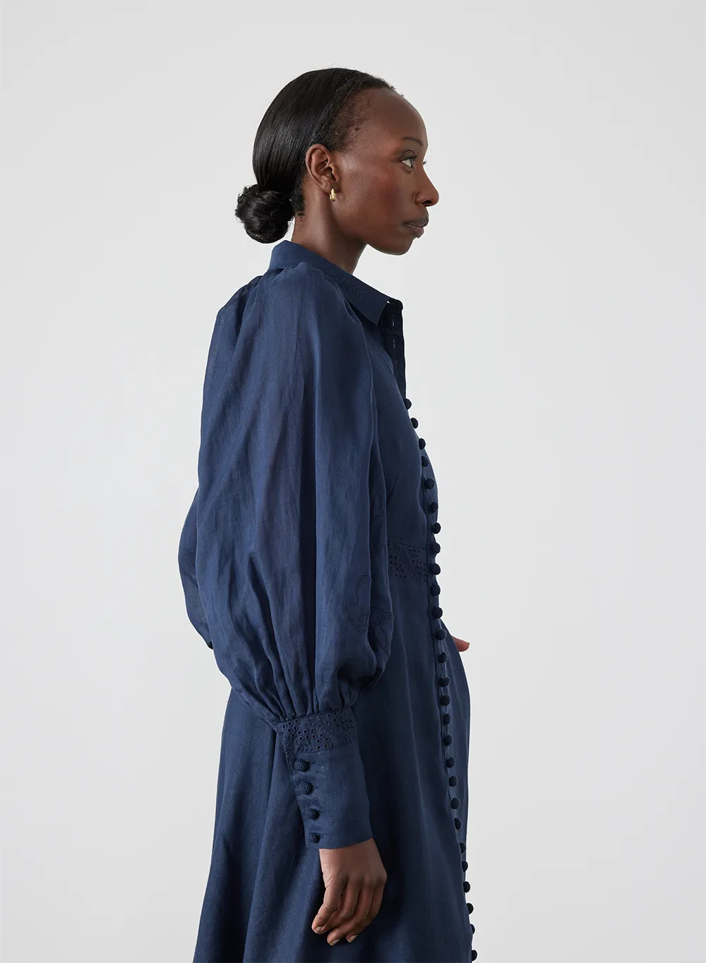 Martina Linen Embroidery Midi Shirt Dress | Navy