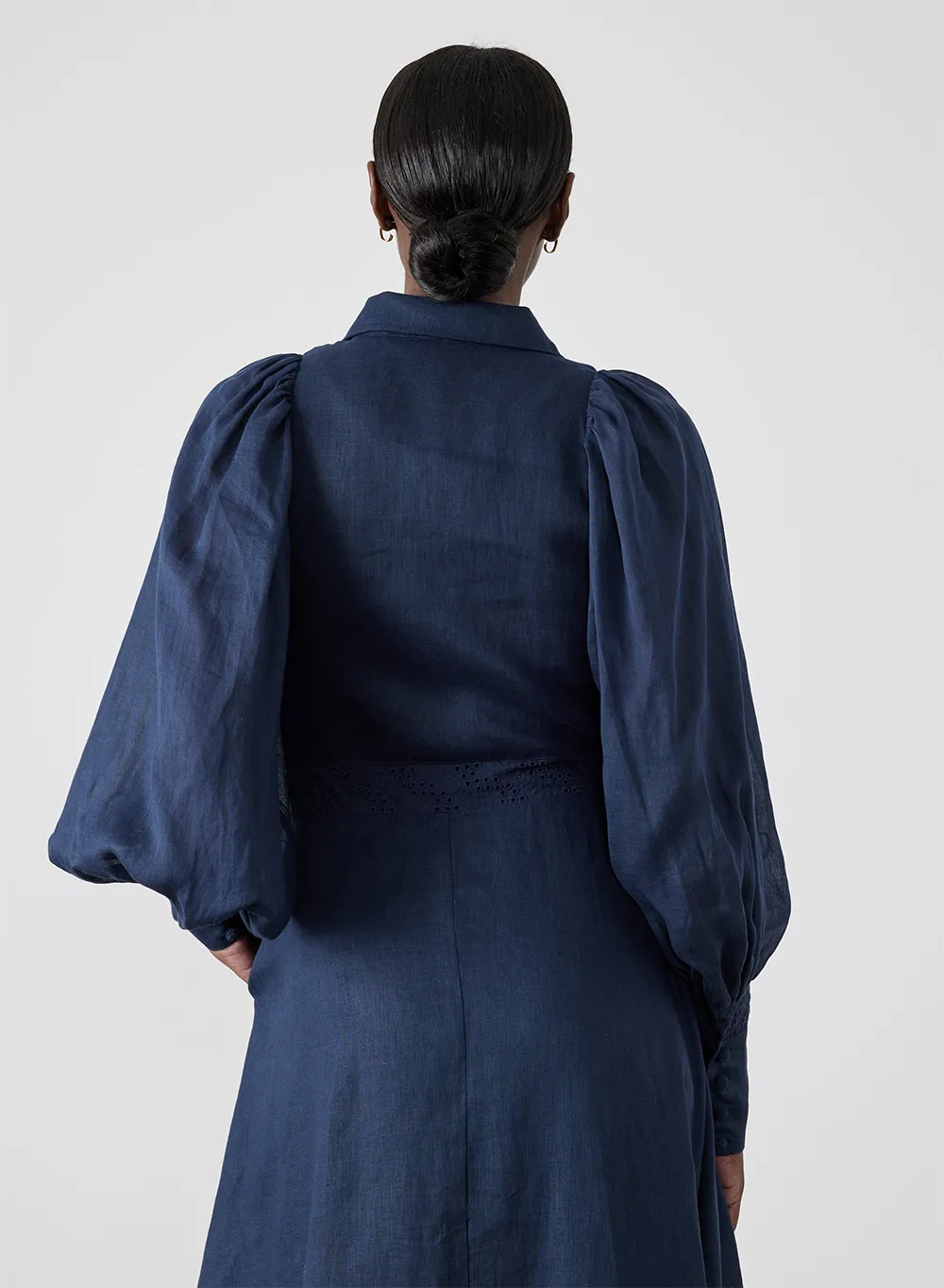 Martina Linen Embroidery Midi Shirt Dress | Navy