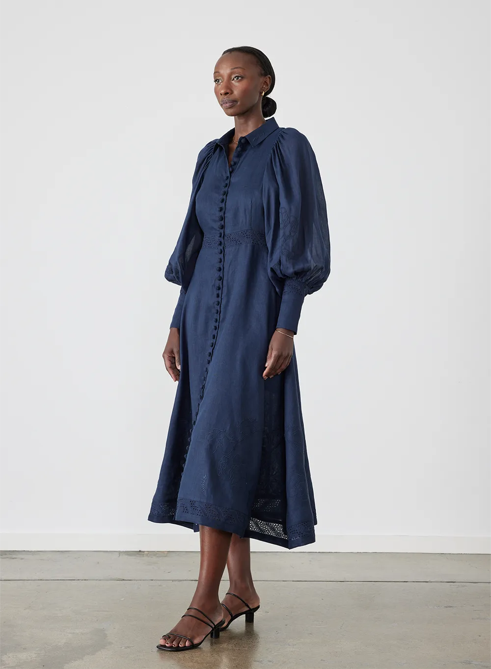 Martina Linen Embroidery Midi Shirt Dress | Navy