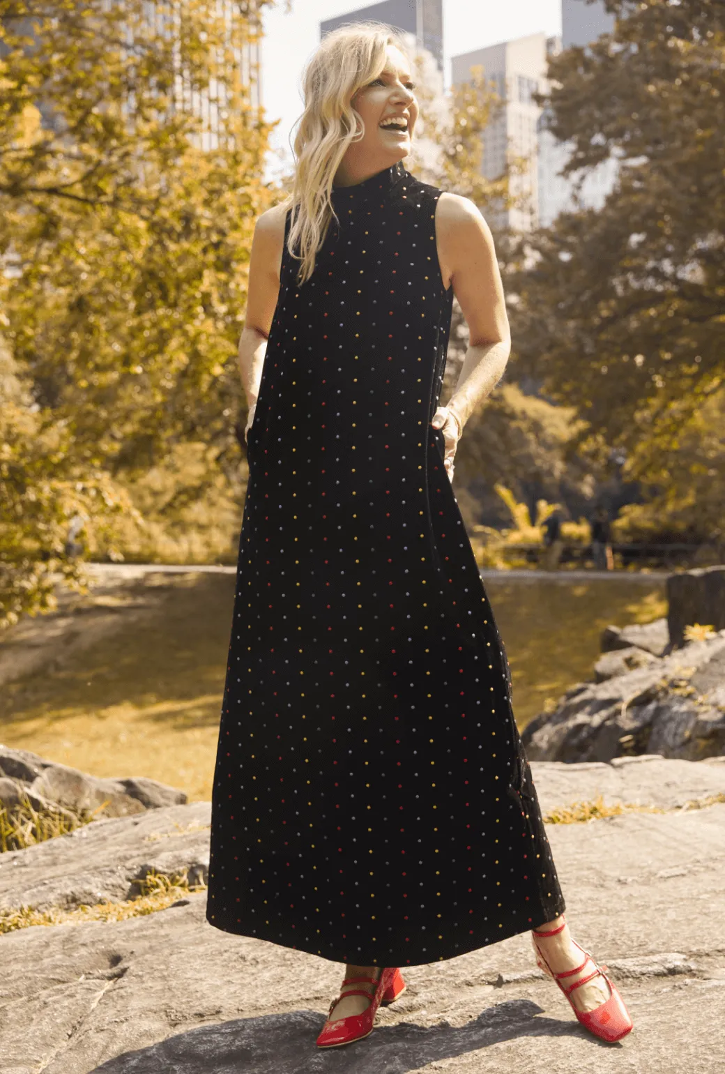 Maxi Mod Dress - Embroidered Dot Black Velvet