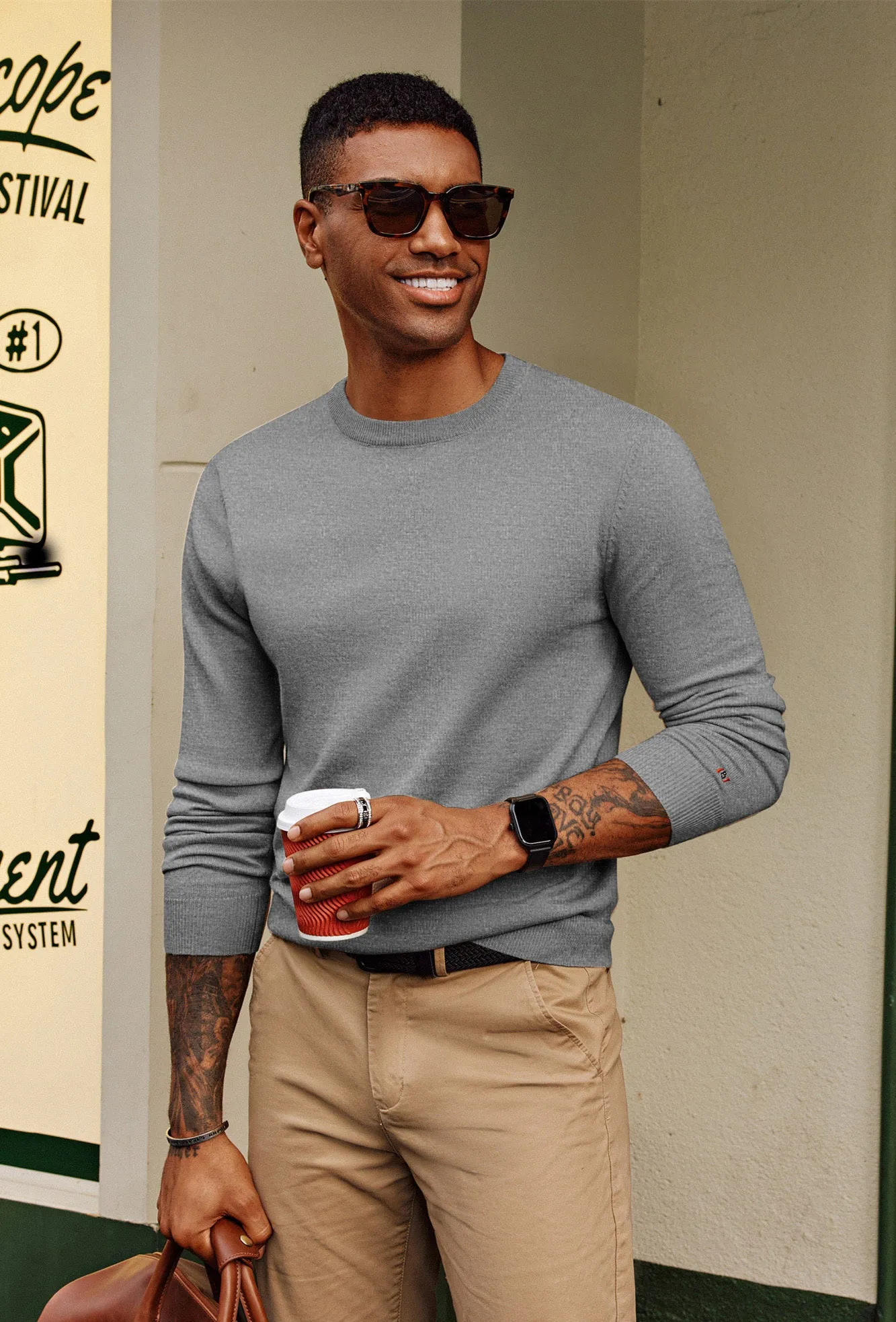 Men Basic Sweater Casual Long Sleeve Crew Neck Ribbed Cuff Thin Pullover