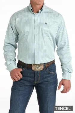 Men's Cinch Green/White Stripe Print Button-Down Western Shirt - Green/White - MTW1105827