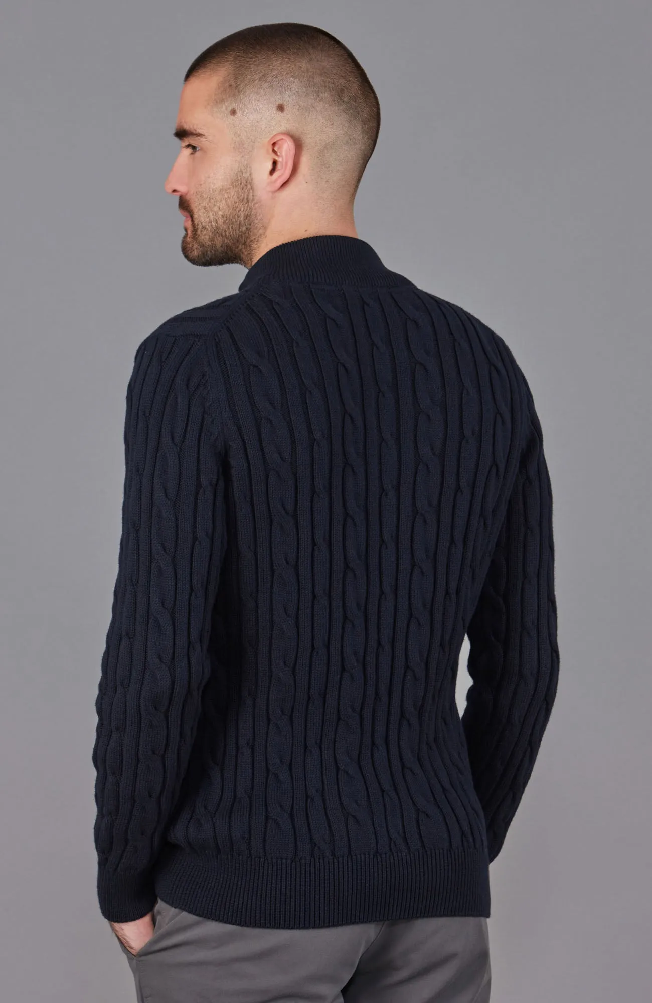 Mens Midweight Cotton Cable Zip Neck Jumper