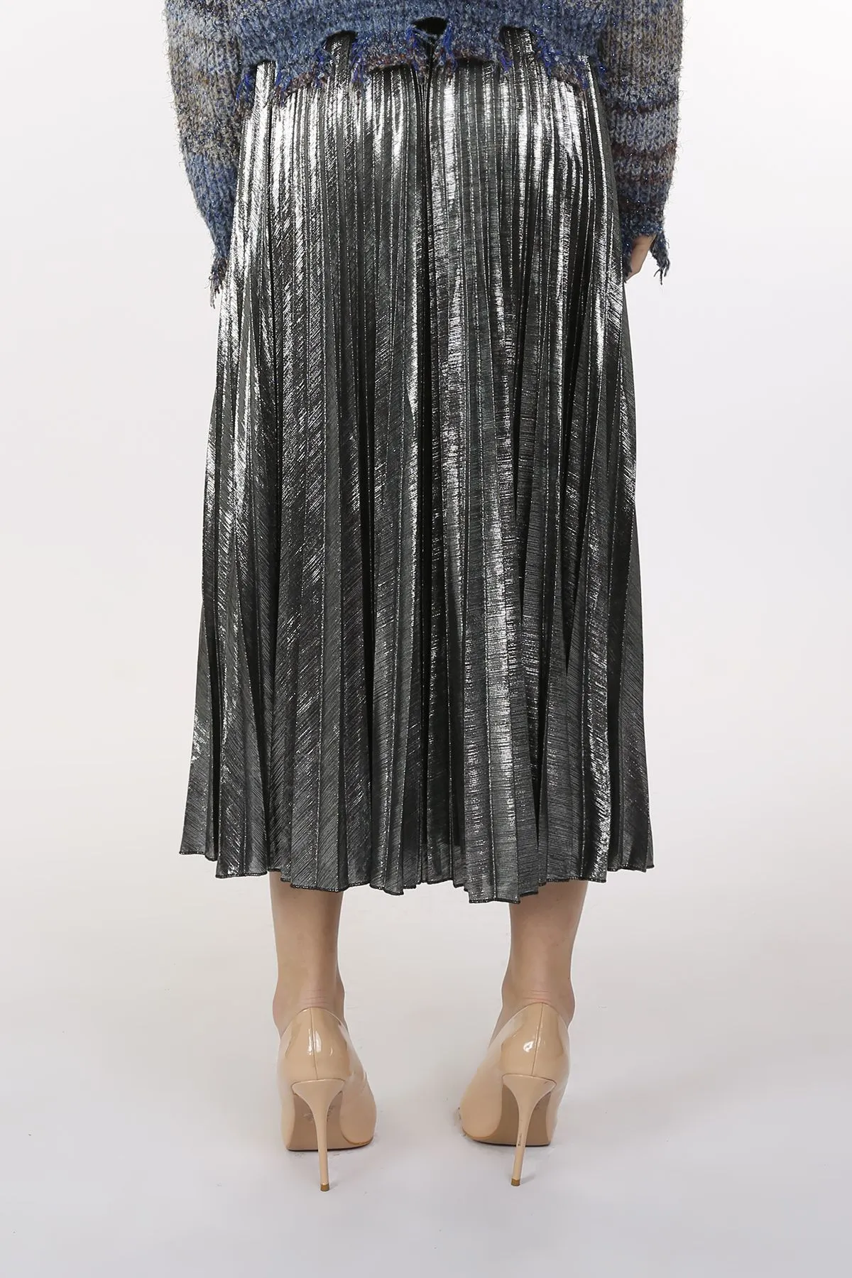 Metallic Silver Coated Pleat Maxi Skirt at Bourbon Cowgirl