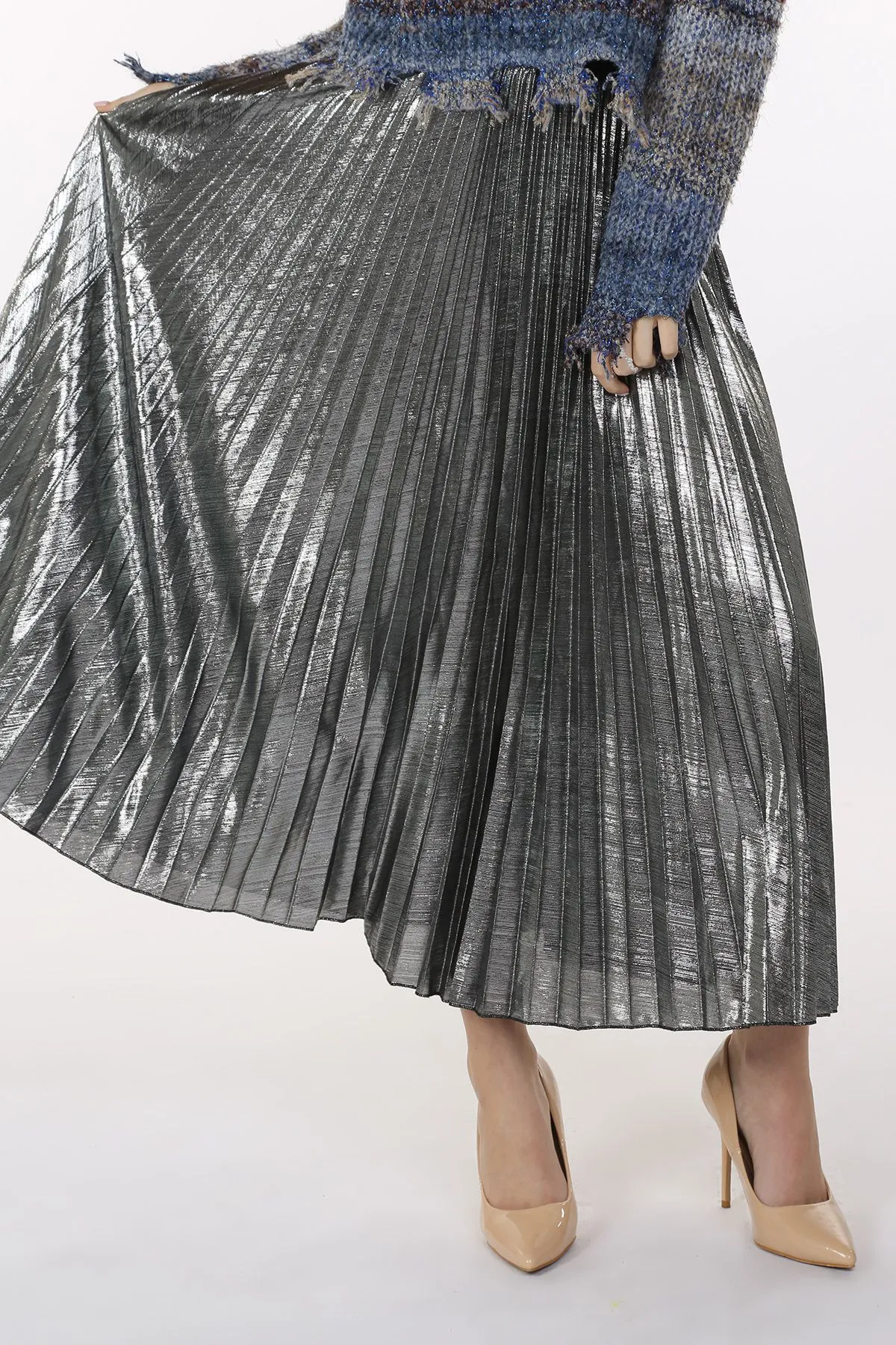 Metallic Silver Coated Pleat Maxi Skirt at Bourbon Cowgirl