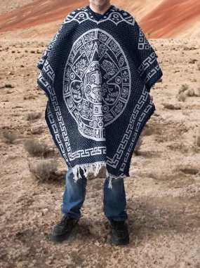 Mexican Poncho for Men - Aztek Calendar - BLUE