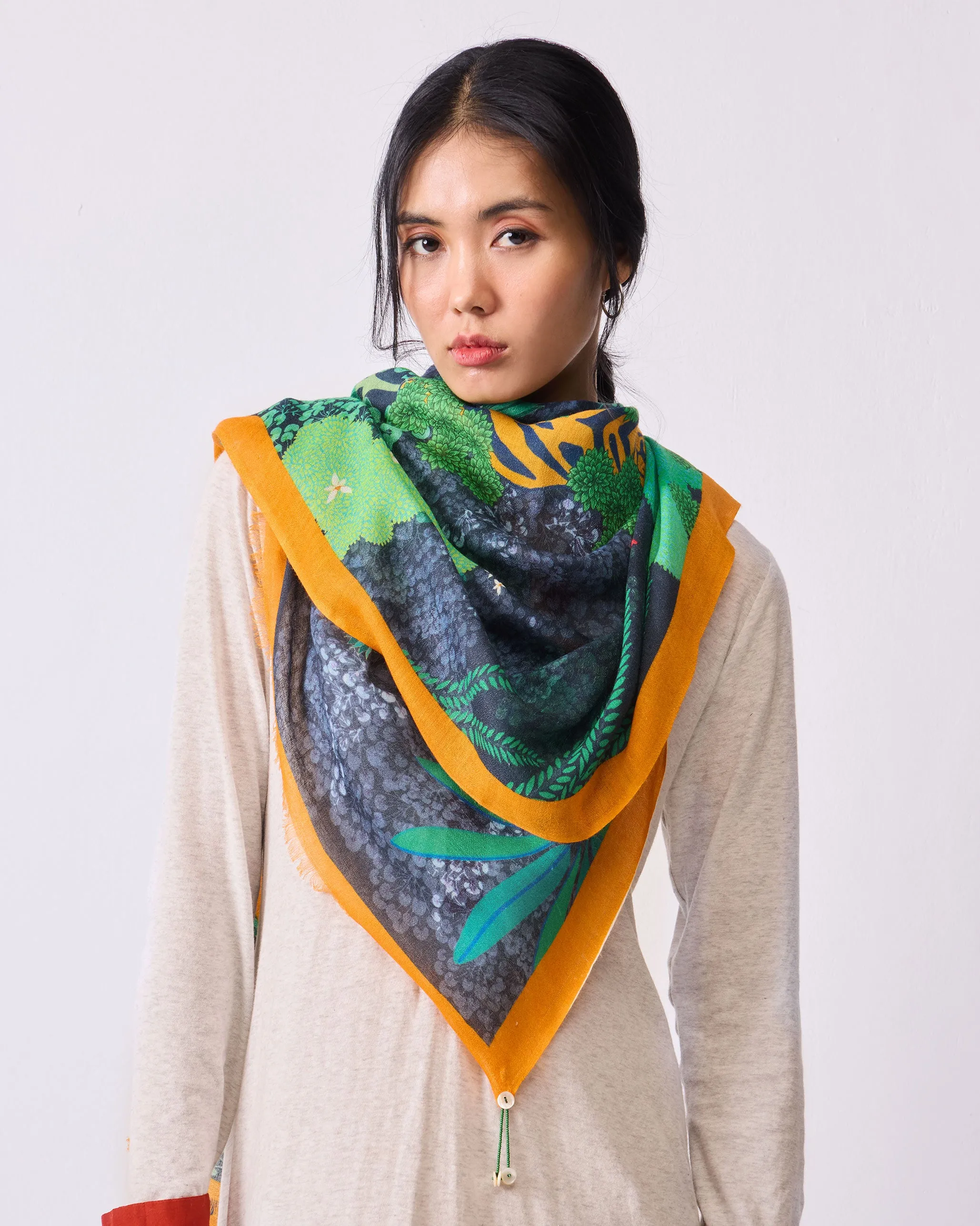 Midnight Forest Scarf - Grey & Green Print