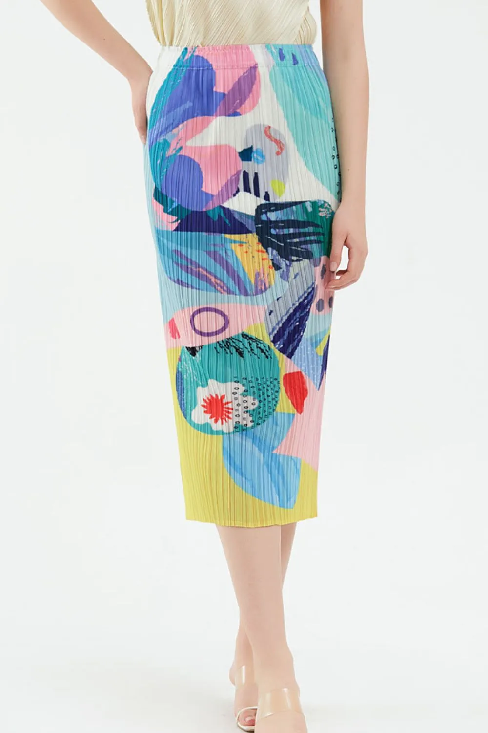 Mixed Print Accordion Pleated Midi Skirt