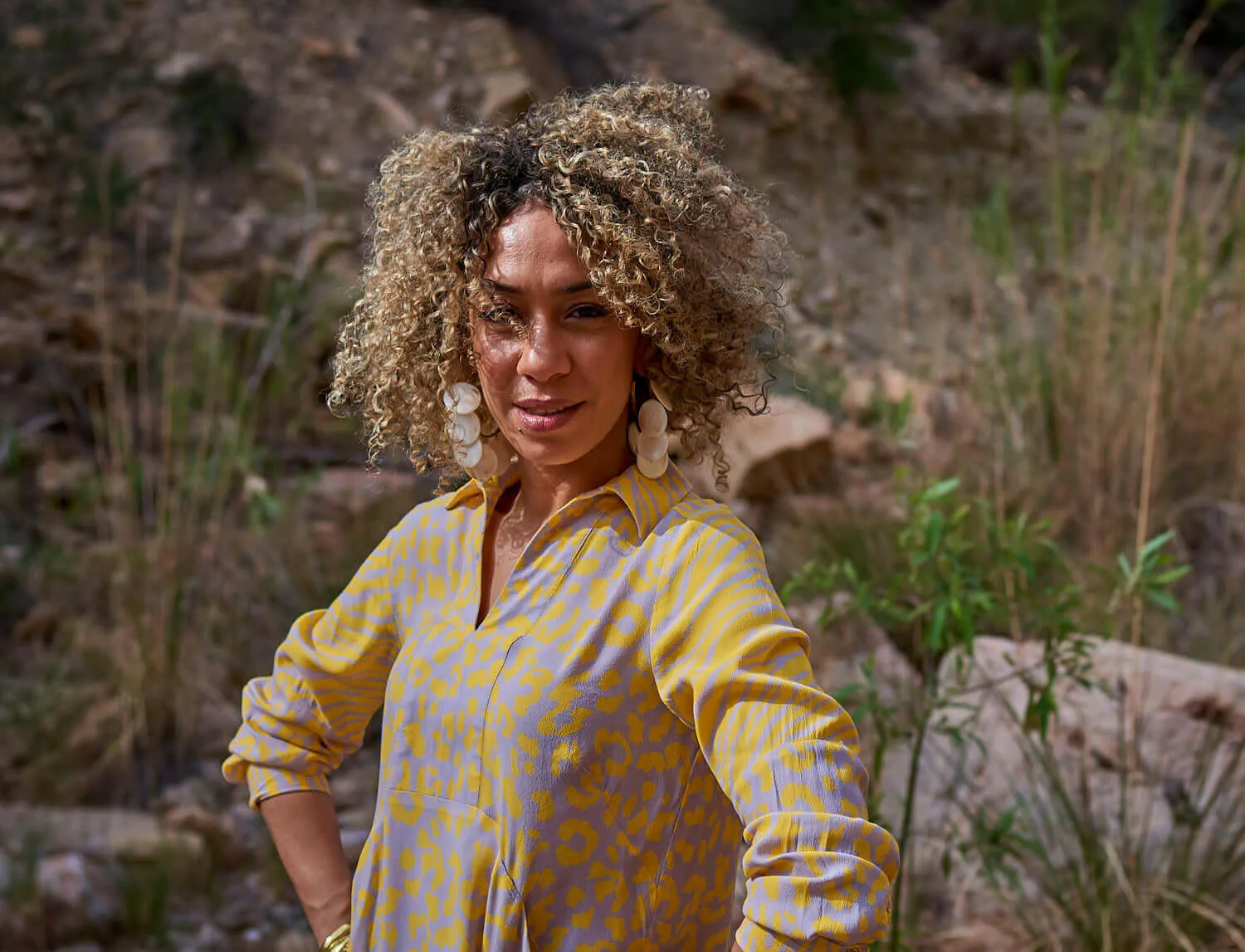 Mixed Print Shirt Dress Yellow