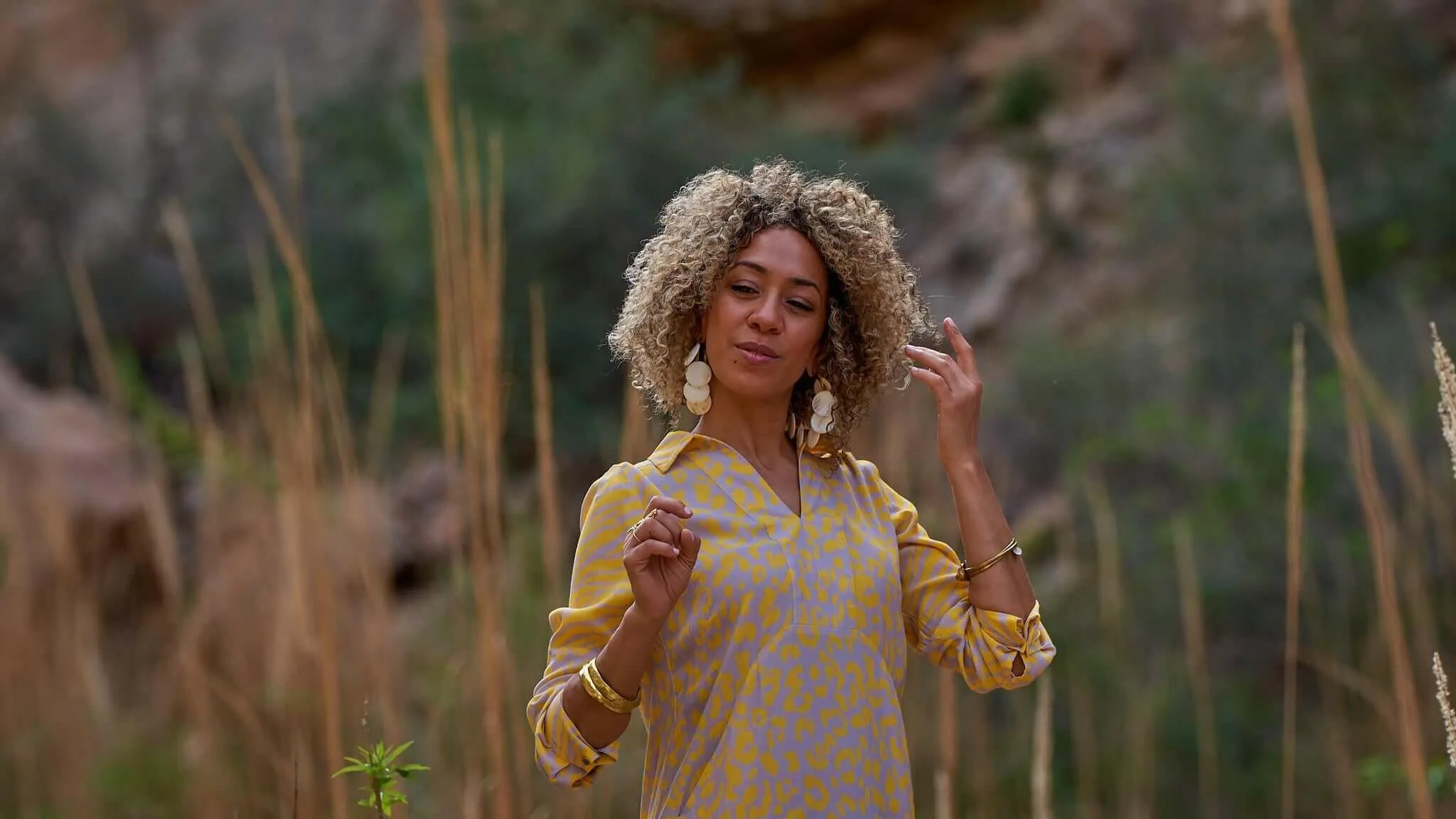 Mixed Print Shirt Dress Yellow