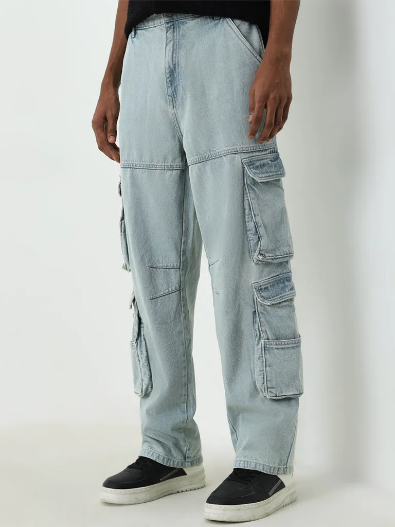 Nuon Light Blue Cargo-Style Relaxed - Fit Mid - Rise Jeans