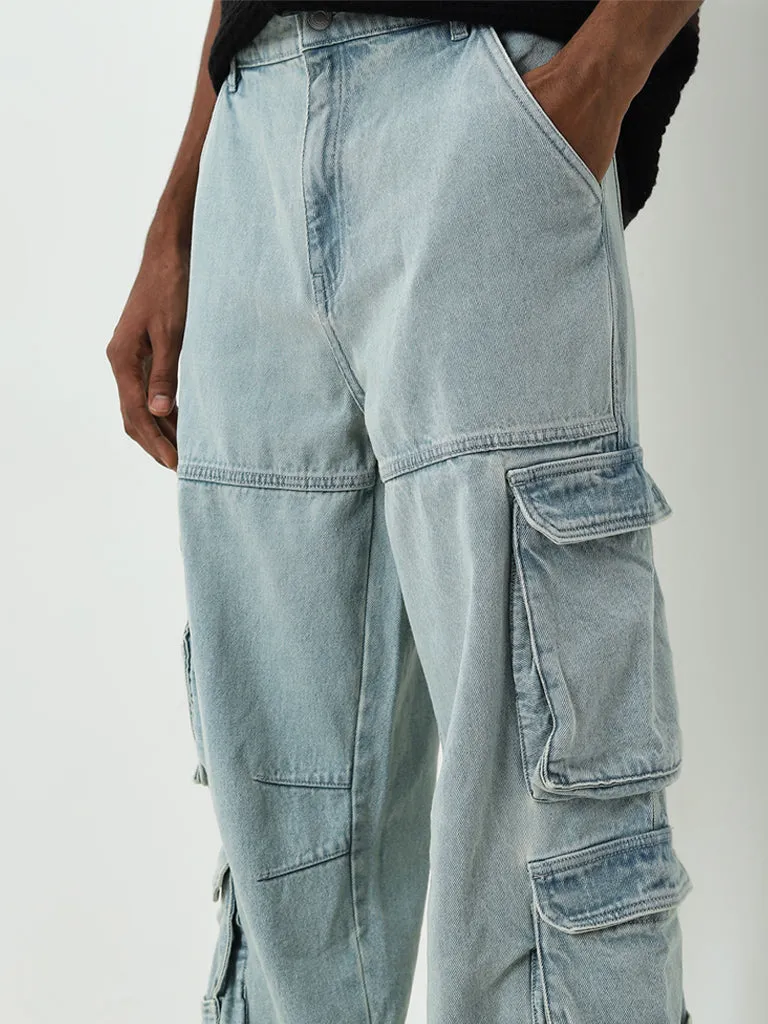 Nuon Light Blue Cargo-Style Relaxed - Fit Mid - Rise Jeans