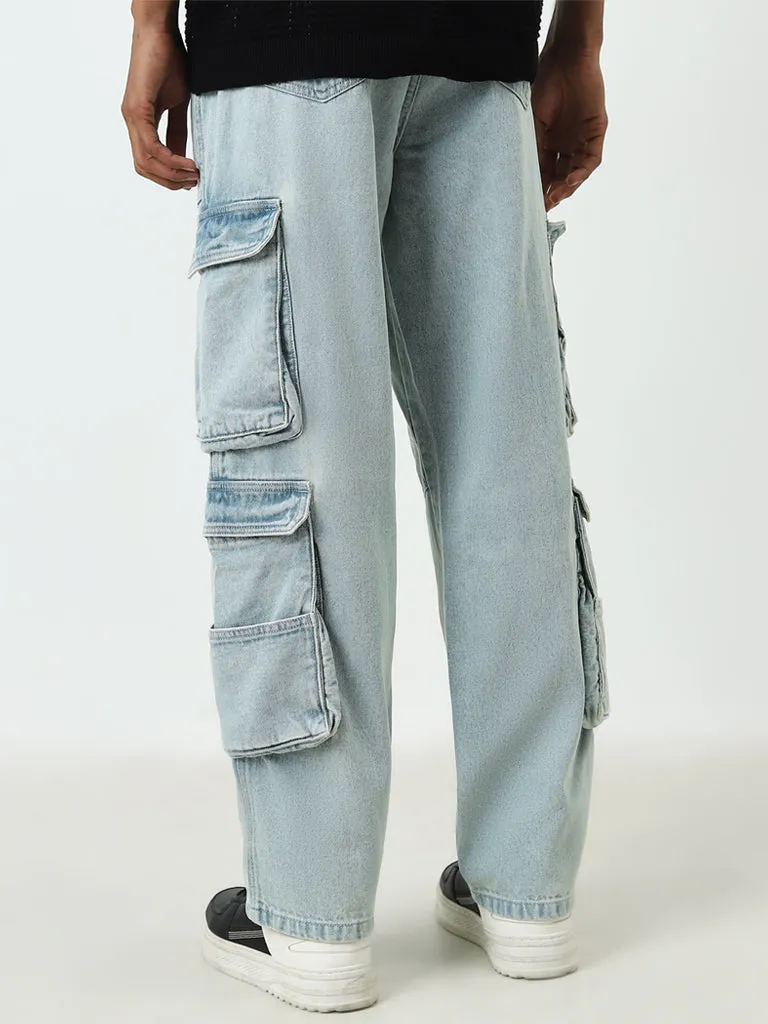 Nuon Light Blue Cargo-Style Relaxed - Fit Mid - Rise Jeans