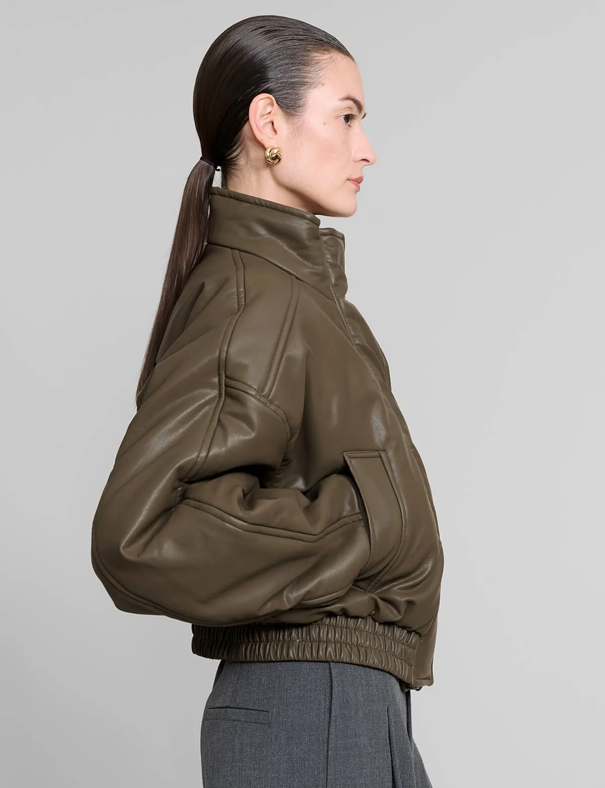 Olive Leather Bomber Jacket