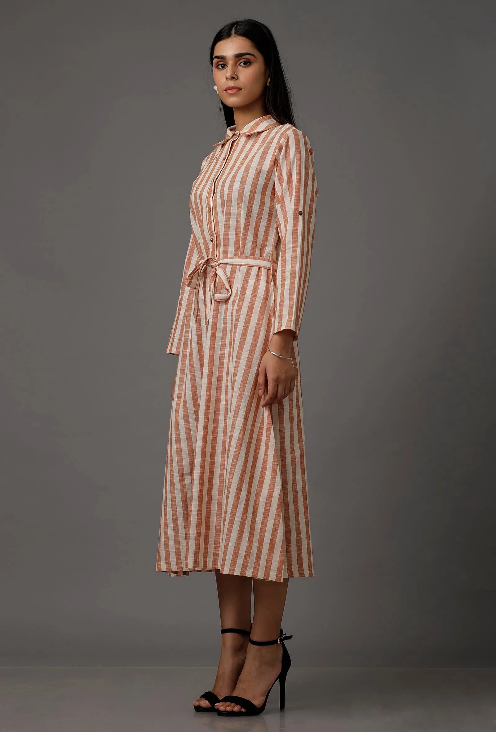 Orange and White Stripes Pure Woven Cotton Dress